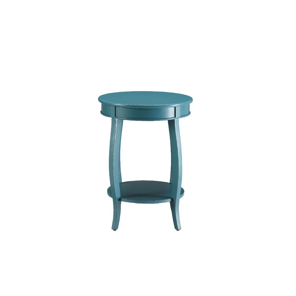 ACME This Alberta side table will be your favorite accent piece with its round top form and stylized legs. Offered in four different colors: Antique White, walnut, red, and teal. One is sure to fit perfect with your style. | Meri Furniture