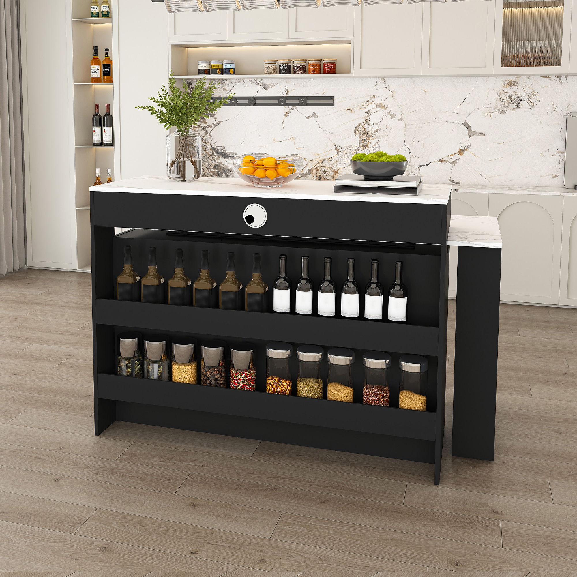 Kitchen Island With Extendable Rotating Table, 4 Drawers & Glass Door Cabinets, Built In Socket - Black