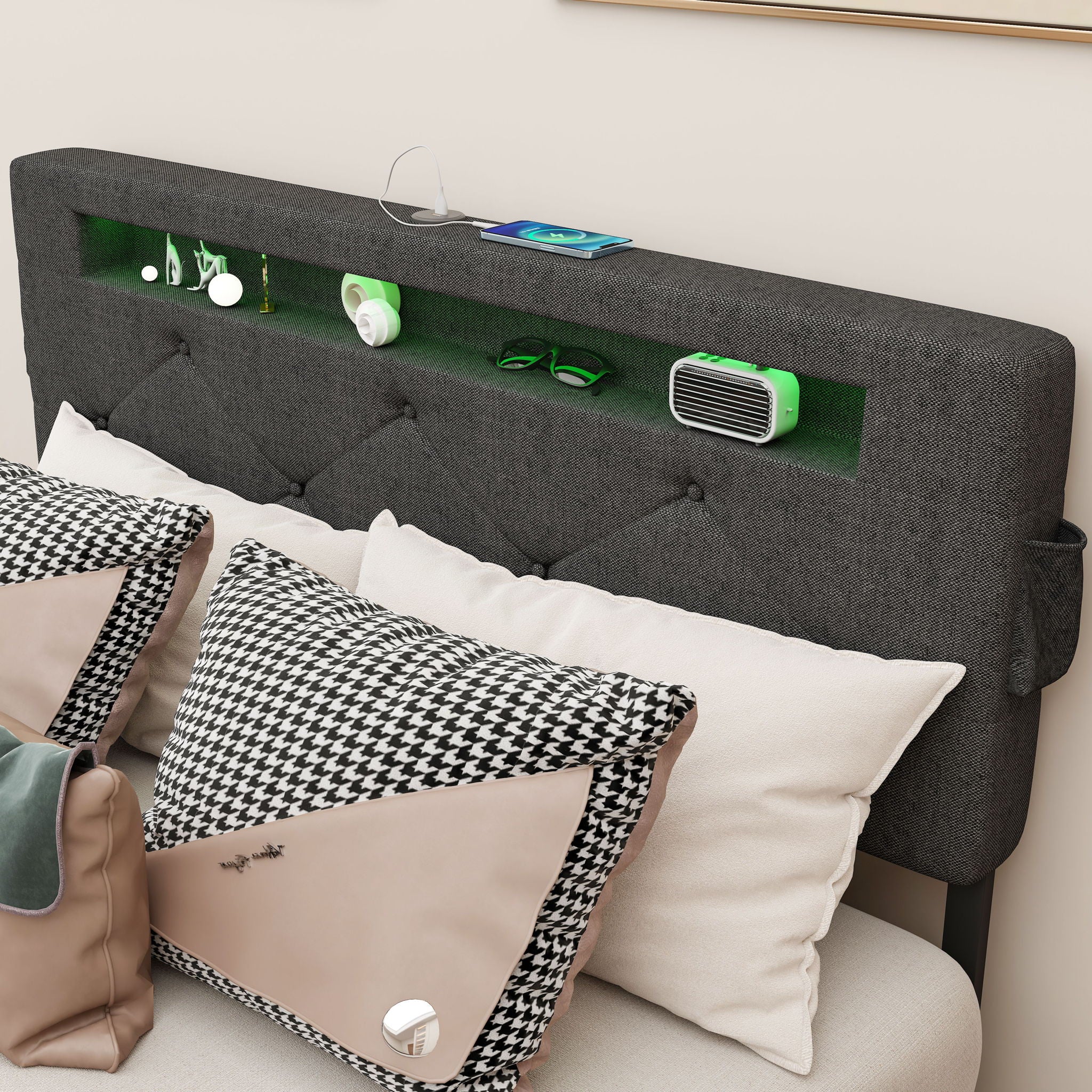 Bed With USB Charging Station, LED Lights, Headboard & Storage Drawers