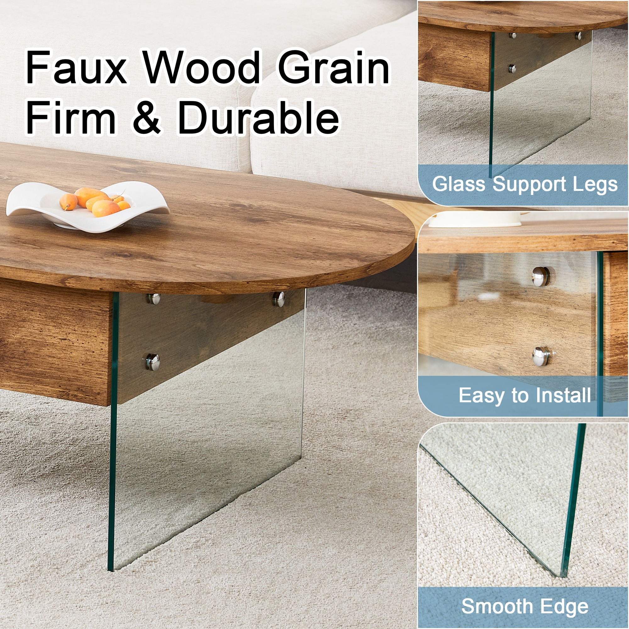 Elegant Coffee Table With Double Drawers And Transparent Glass Sides - Wood