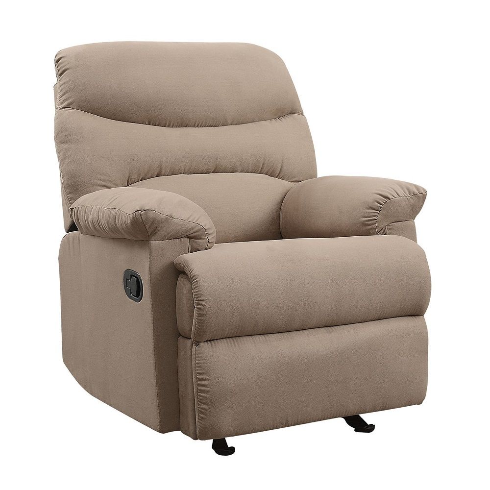 The lovely Arcadia Glider recliner offers comfort, style and value for any home. A smooth microfiber seat cushion provides relaxation from seat to toe with an easy to reach external handle for operating the reclining mechanism.