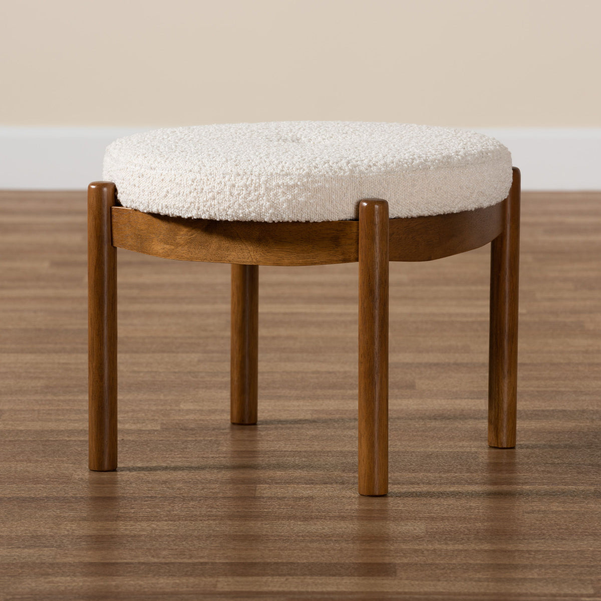 Iliana Japandi Cream Boucle Fabric and Walnut Brown Finished Rubberwood Ottoman Footstool