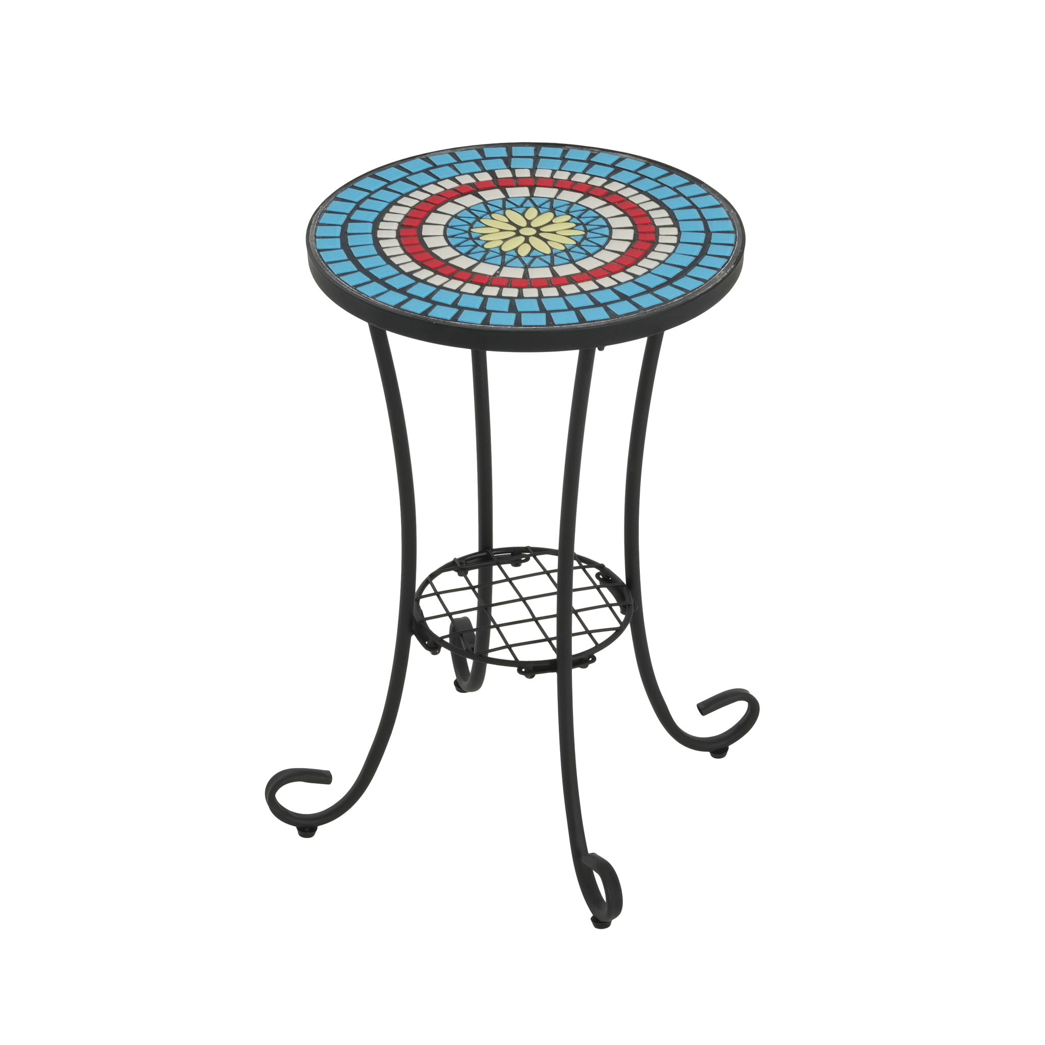Ceramic Tile And Iron Patio Side Table With Shelf