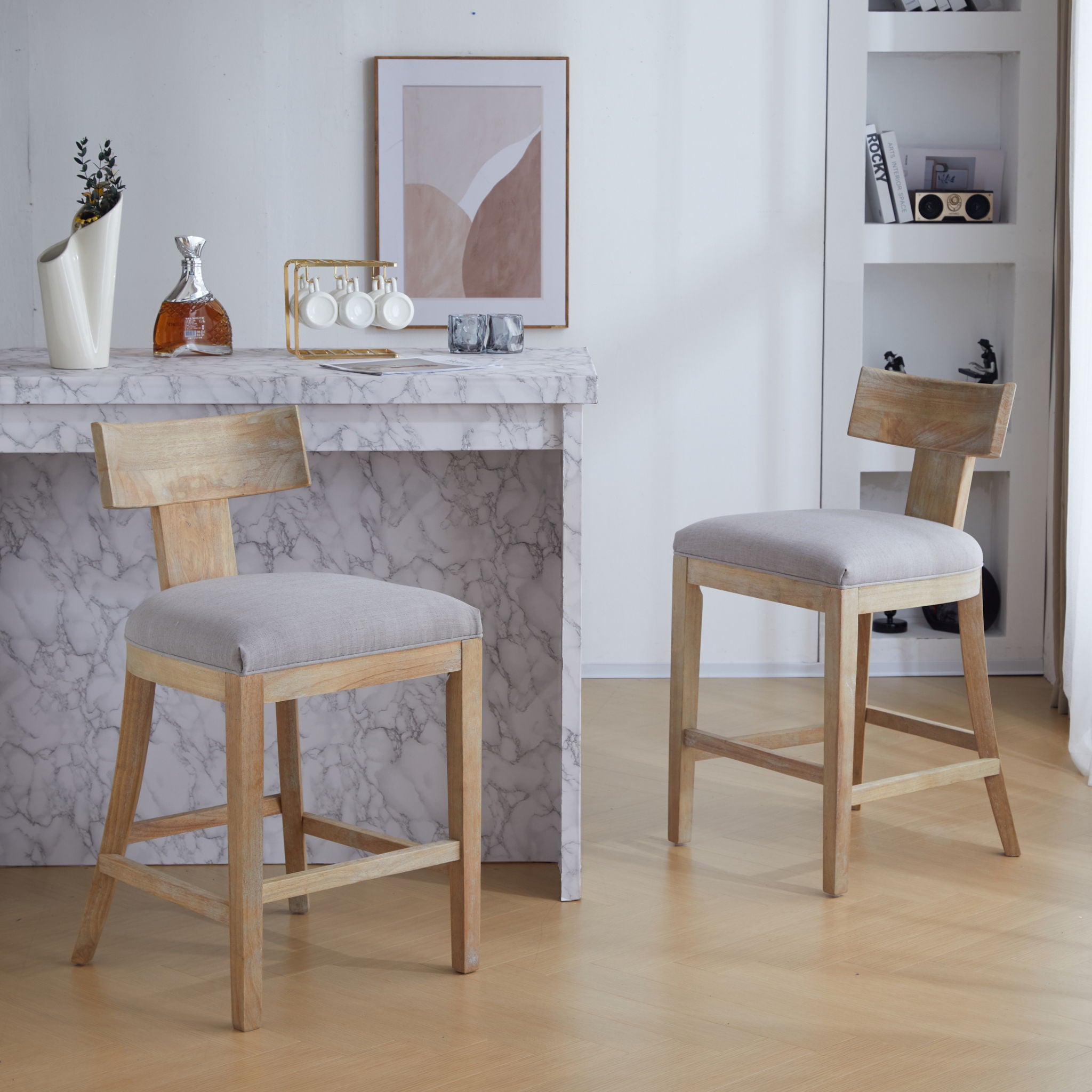 Upholstered Counter Height Bar Stools With Solid Rubber Wood Frame (Set of 2)