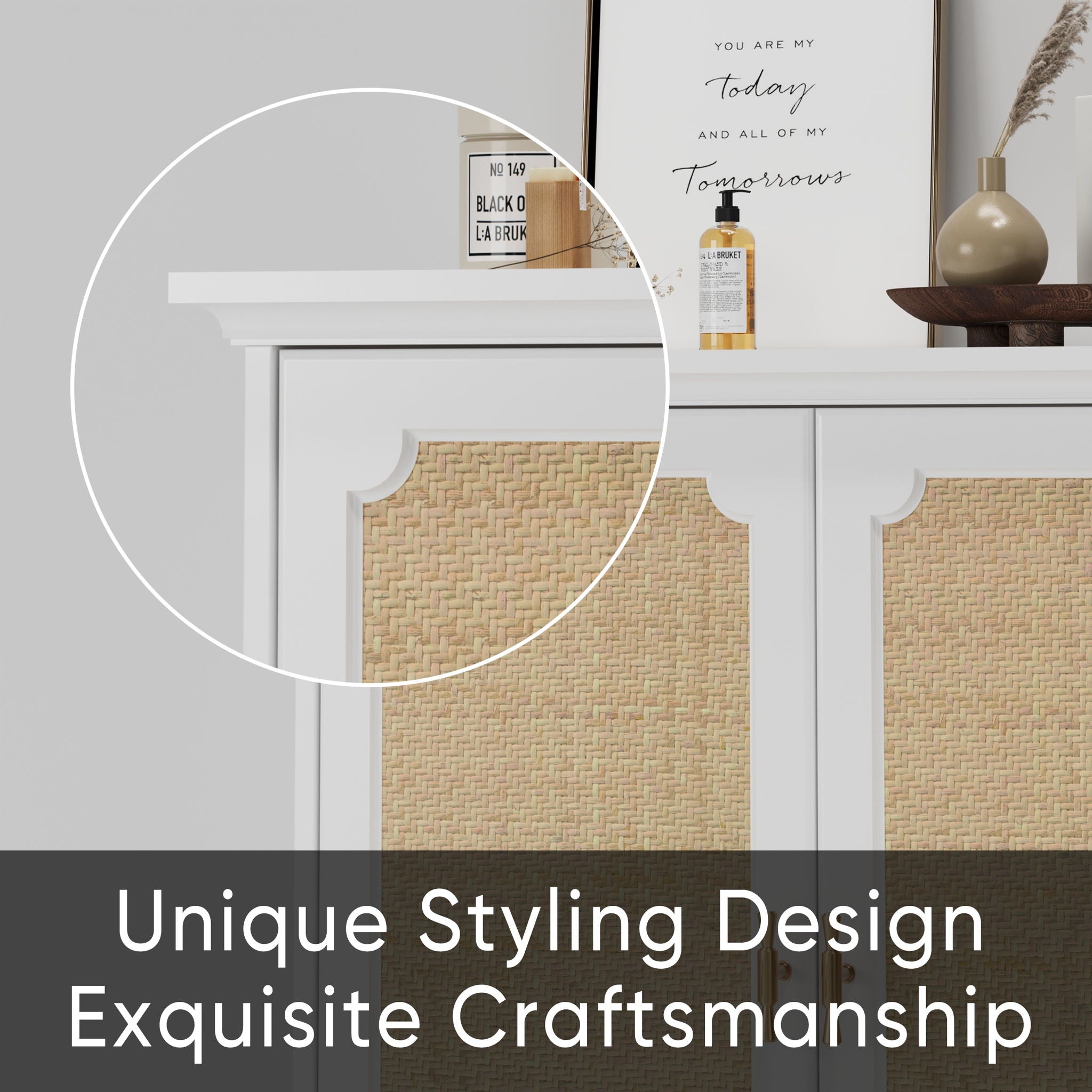 Rattan Decorated Sideboard Buffet Storage Liquor Cabinet - White