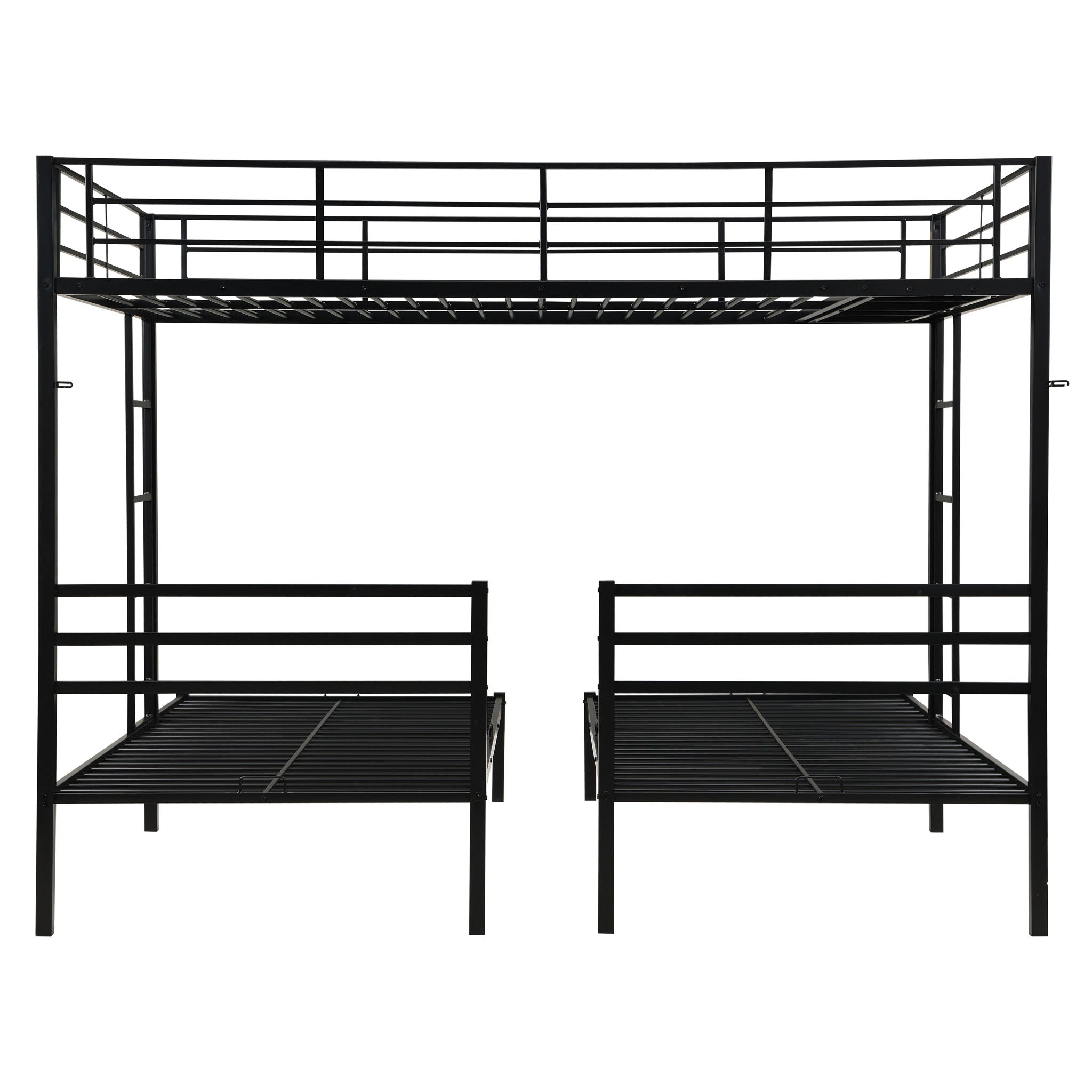 Modern Metal Triple Bunk Bed With Vertical Ladder, Safety Rail, And Storage Shelf - Black