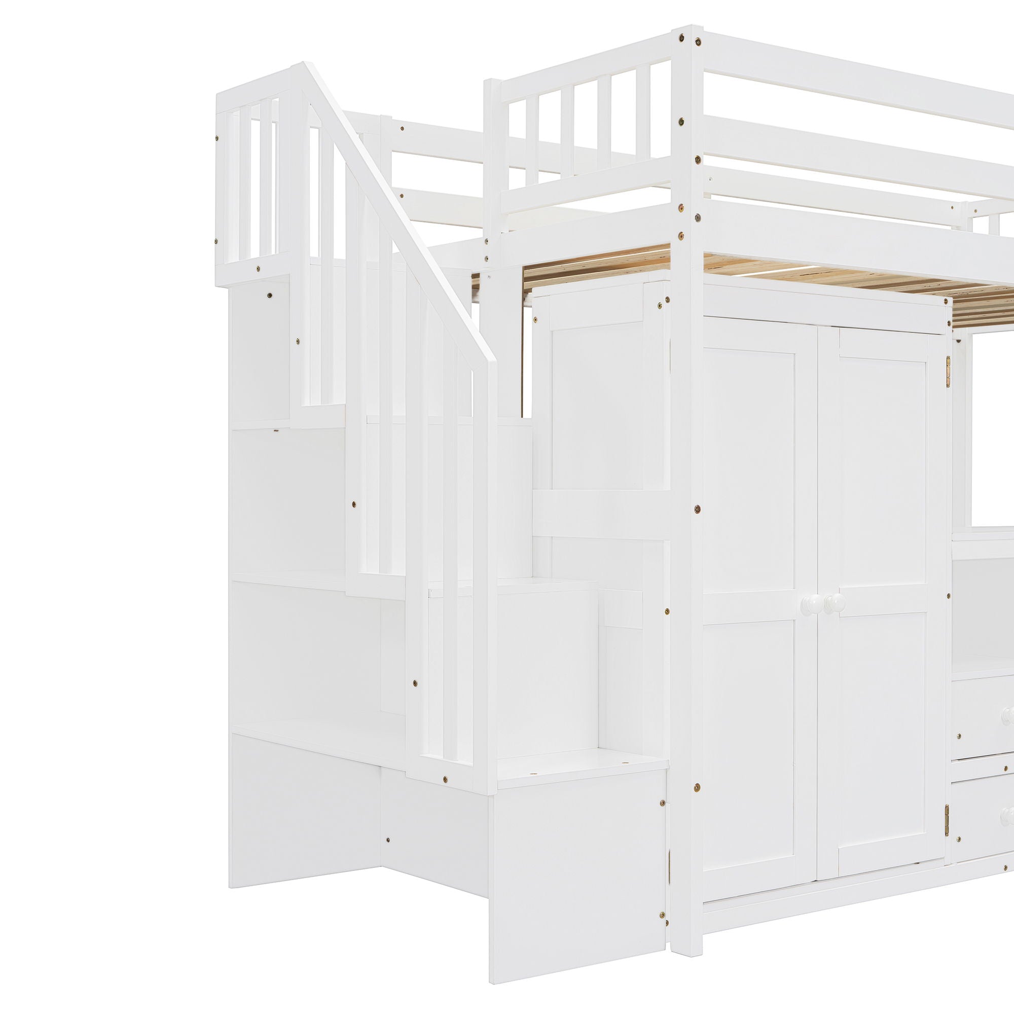 Loft Bed With Stairs, Bookshelf, Drawers, Desk & Wardrobe, Space Saving Multifunctional Furniture