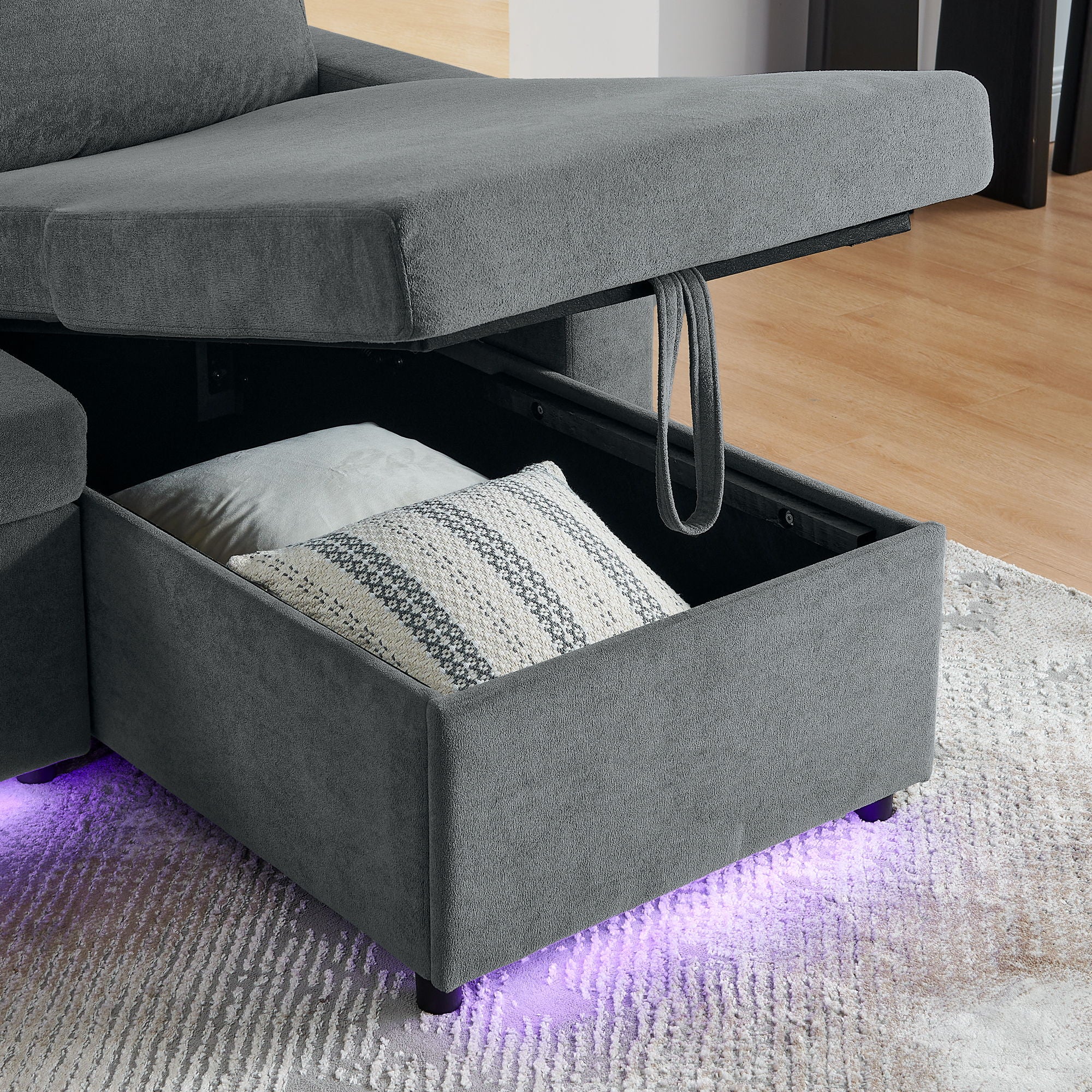 Multi Functional Pull Out Bed Sofa With Retractable Table, LED Lighting, USB Charging Ports & Cup Holders