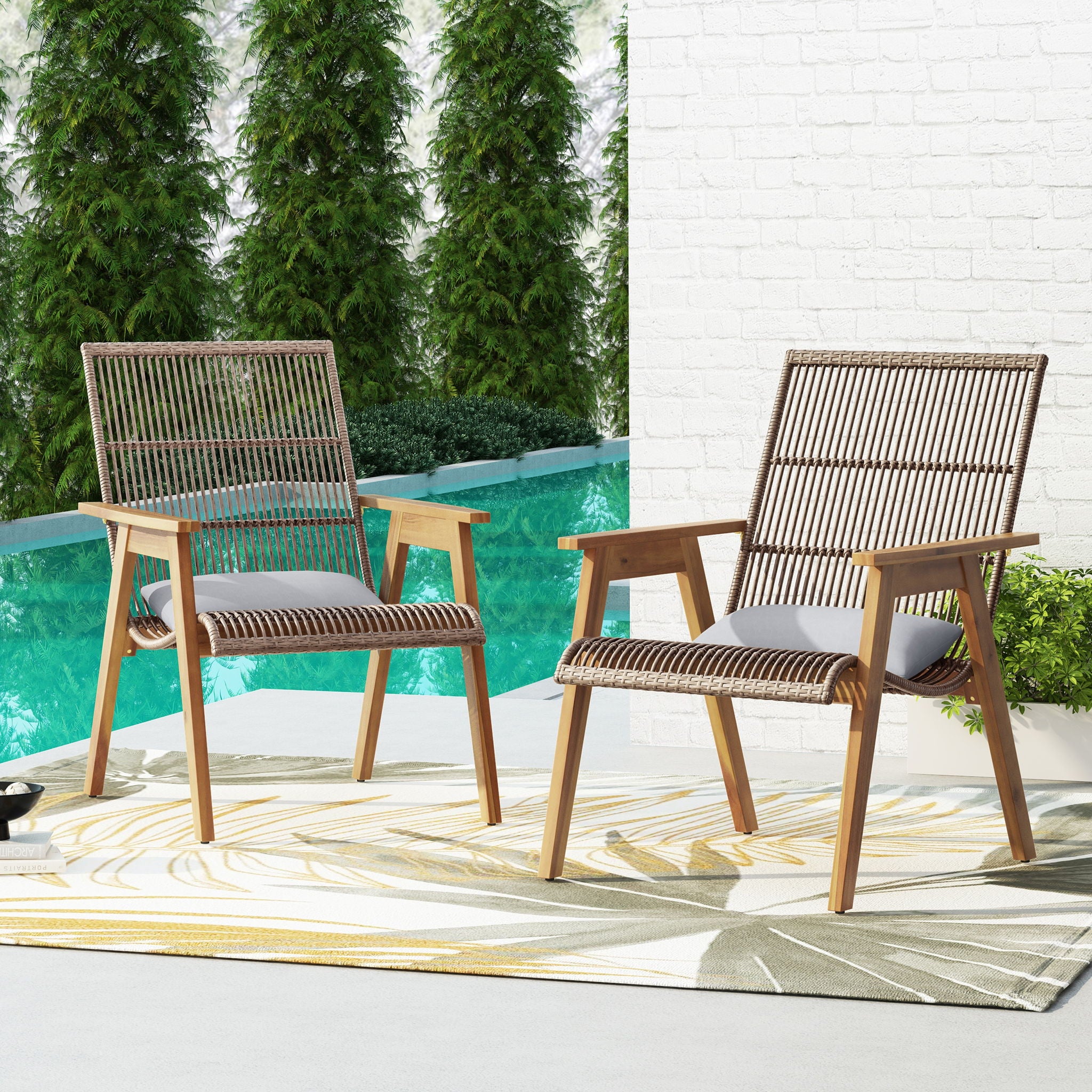 Acacia Wood Cape Woven Wicker Large Lounge Chair With Pillow For Patio, Deck, Yard, Lawn And Garden Seating Wicker (Set of 2) - Teak