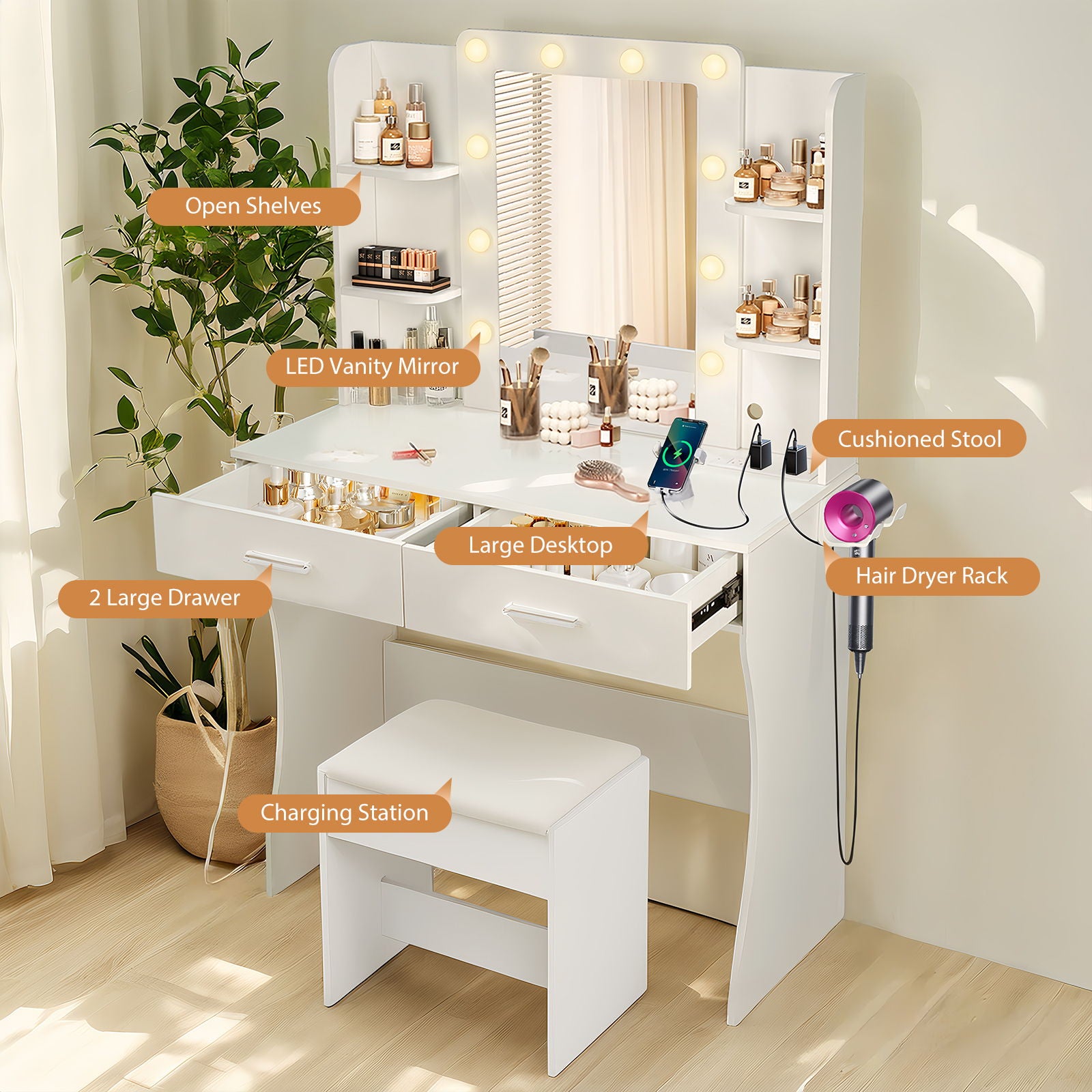 Vanity Desk Set With Mirror & Adjustable Lights Power Outlet And Hair Dryer Rack 2 Drawers And 6 Shelves Includes Cushioned Stool - White