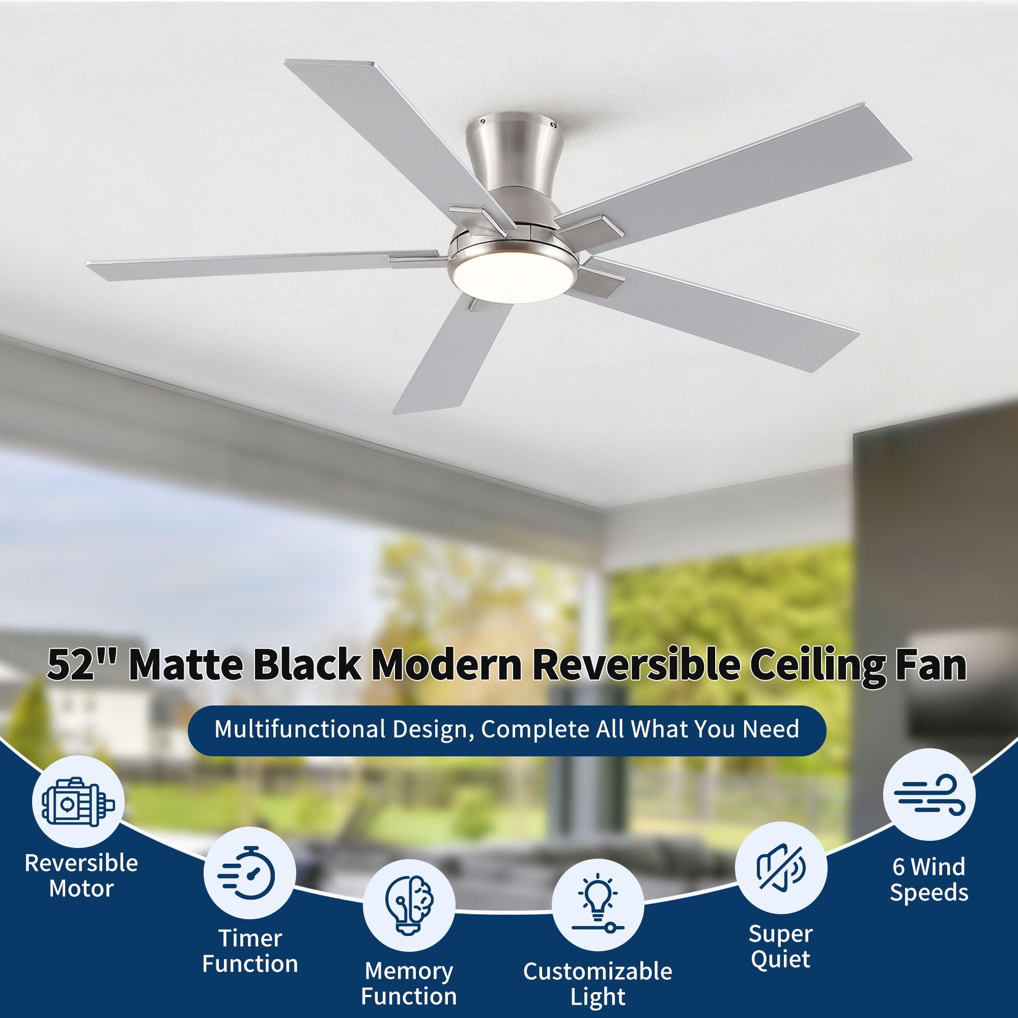 Reversible Quiet Motor Ceiling Fan Light With ABS Blades