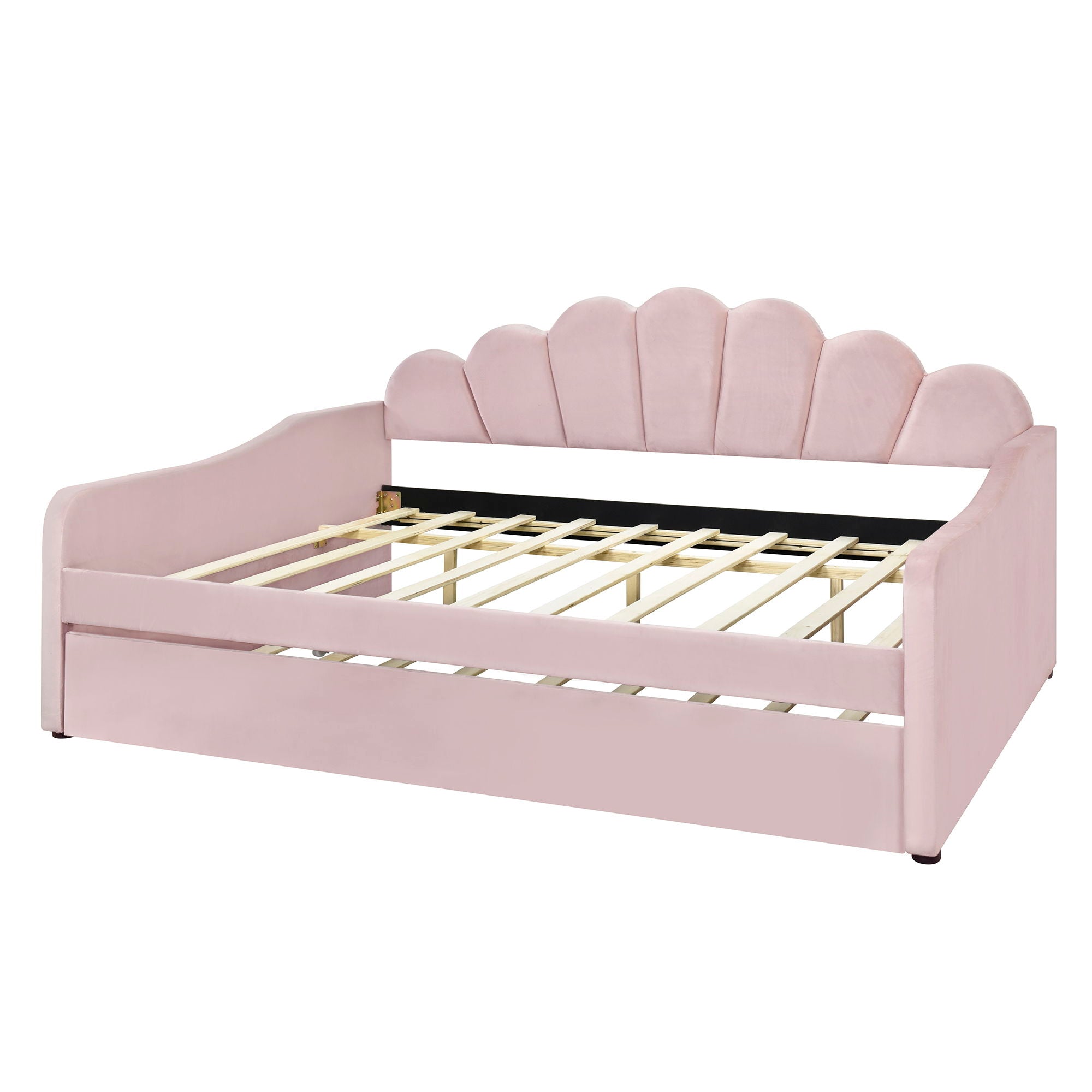 Upholstery Daybed Frame With Shell Shaped Backrest And Trundle
