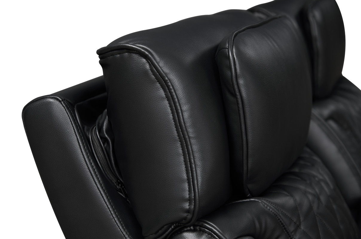 Jazz Black Leather Aire Transformer Power Reclining Sofa & Loveseat Living Room Set with Power Headrest, Bluetooth Speakers, LED Lights, Wireless Charging Drop-Down Table, USB & USB-C Ports, Storage & Cupholders