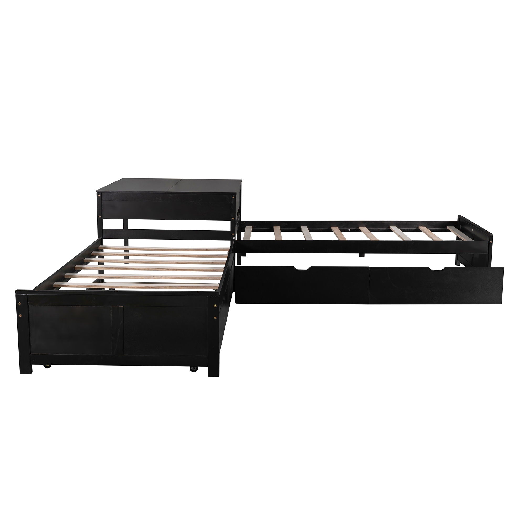 L Shaped Platform Bed With Trundle And Drawers Linked With Built In Desk