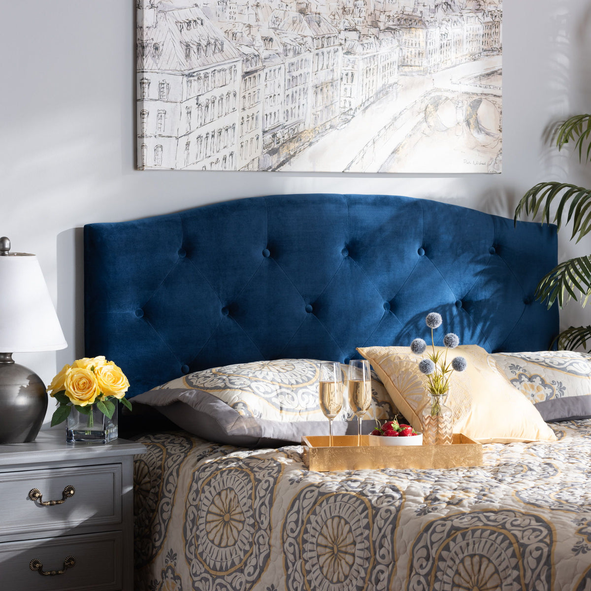 Leone Modern and Contemporary Navy Blue Velvet Fabric Upholstered Full Size Headboard