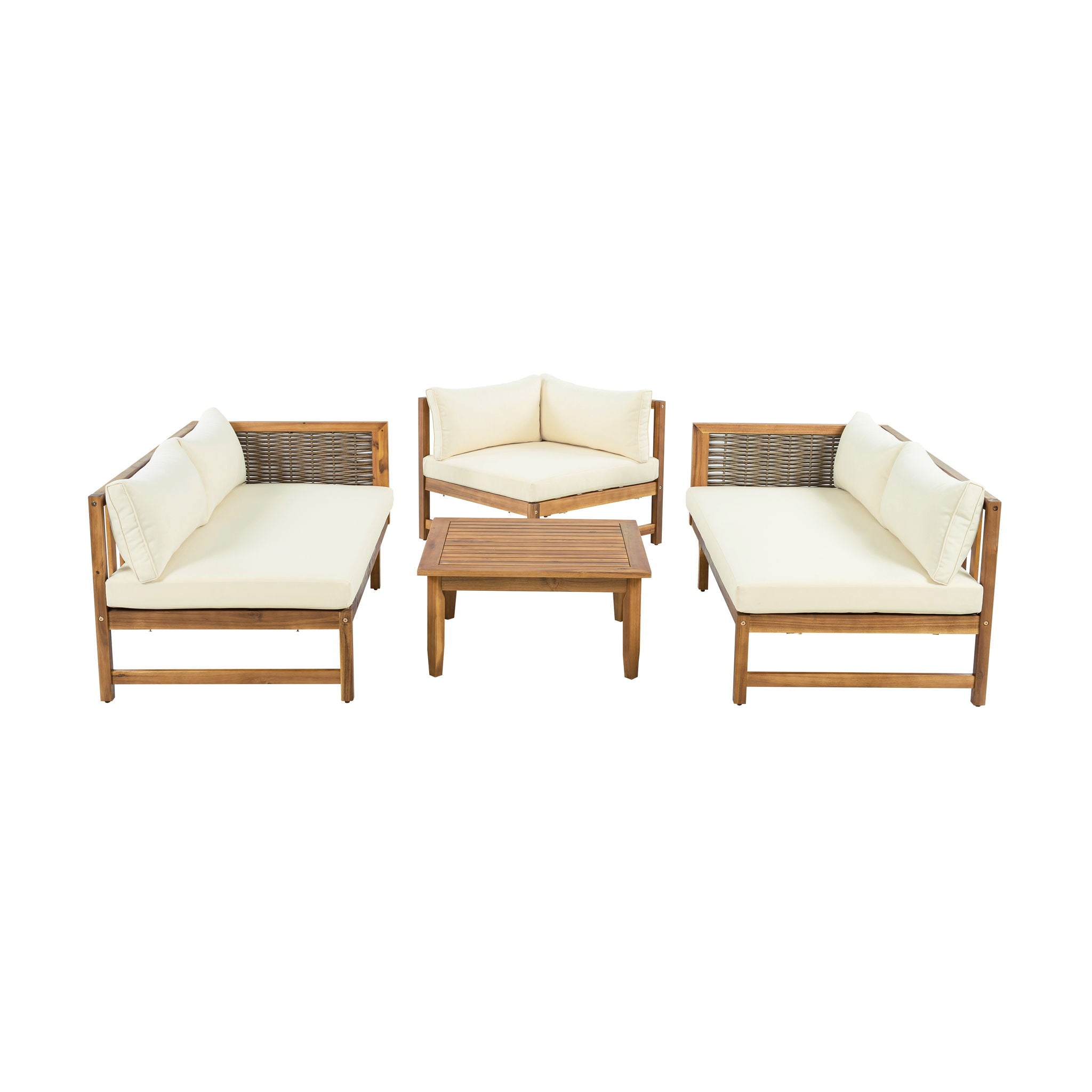 Premium Outdoor Sofa Set With Waterproof Cushions Sectional Seating Group With Acacia Wood And Wicker - Brown Mix / Beige