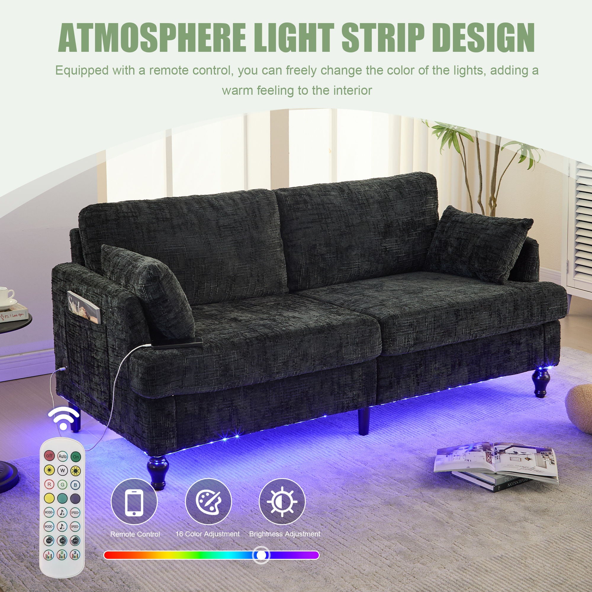 Chenille 2 Seater Sofa With LED Light, USB Charging Port, And Storage Bag