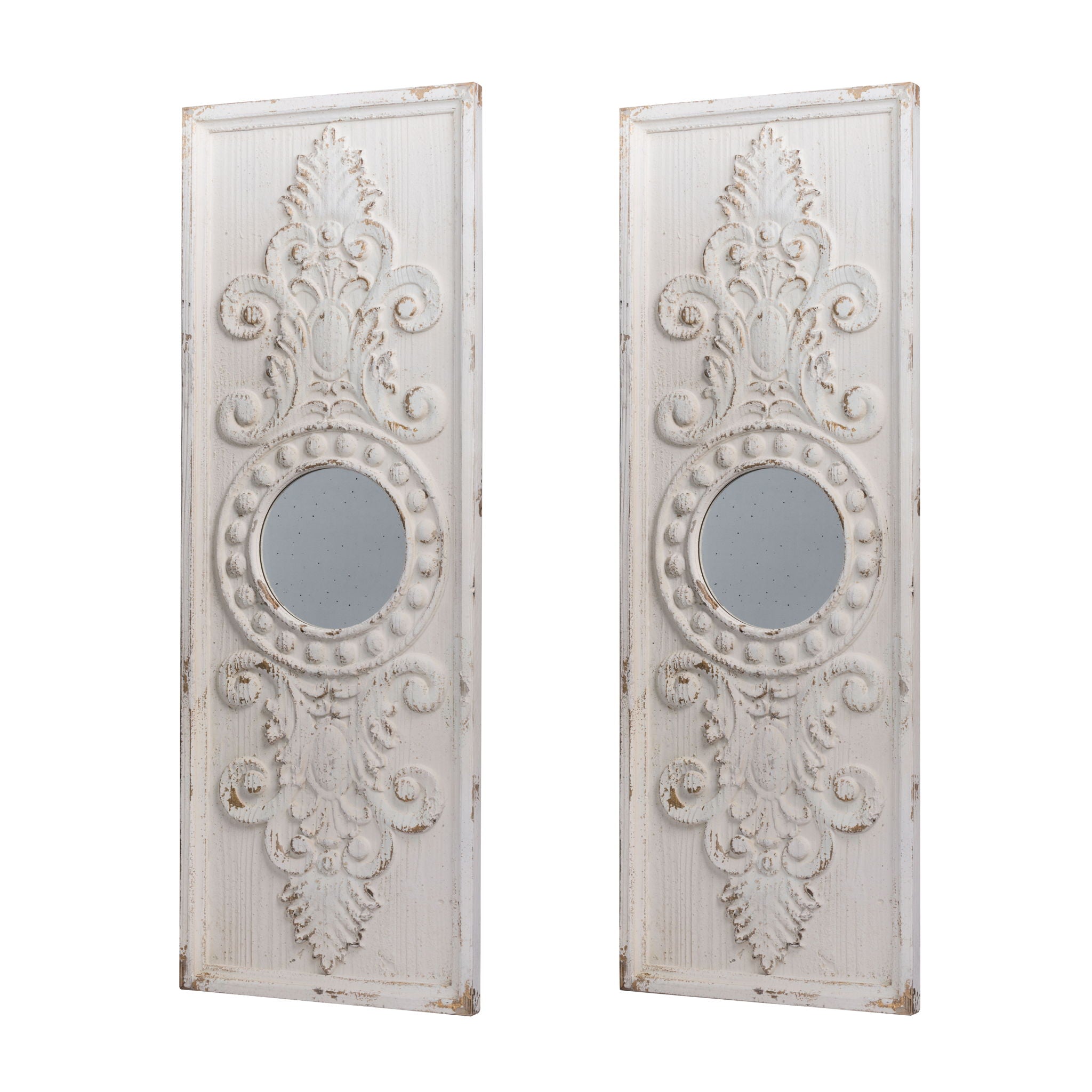 Large Wooden Wall Art Panels With Distressed Round Mirror Accents (Set of 2) - White