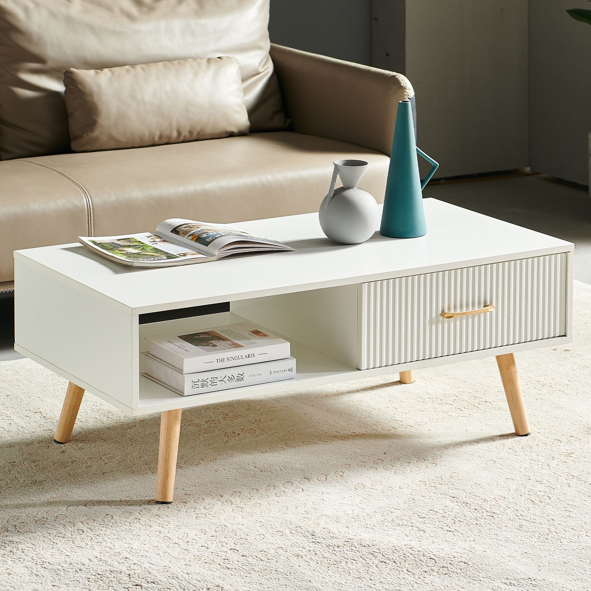 Modern Rectangle Coffee Table With Legs, Sliding Drawer For Storage - White