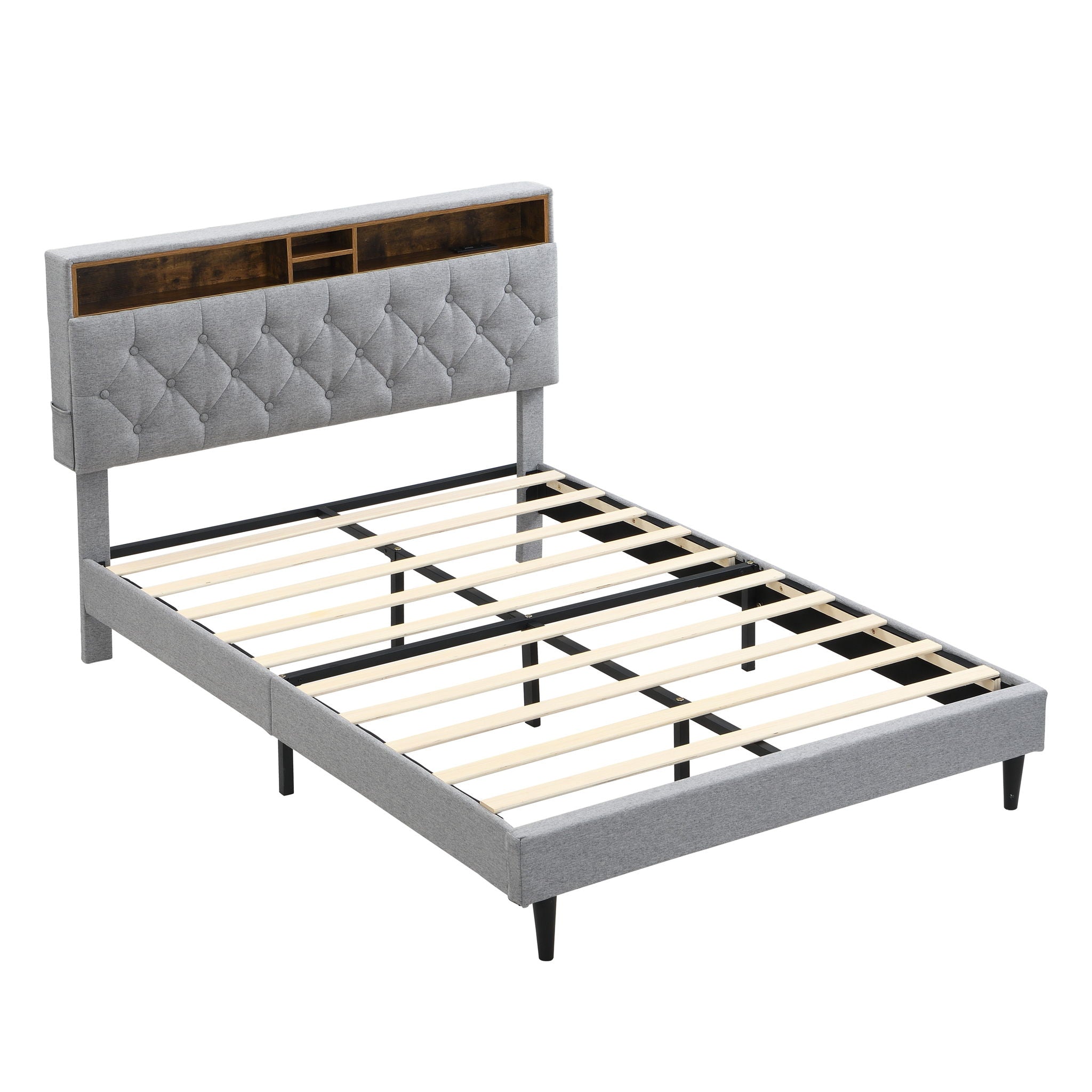 Modern Upholstered Platform Bed Frame With Button Tufted Headboard And USB Ports