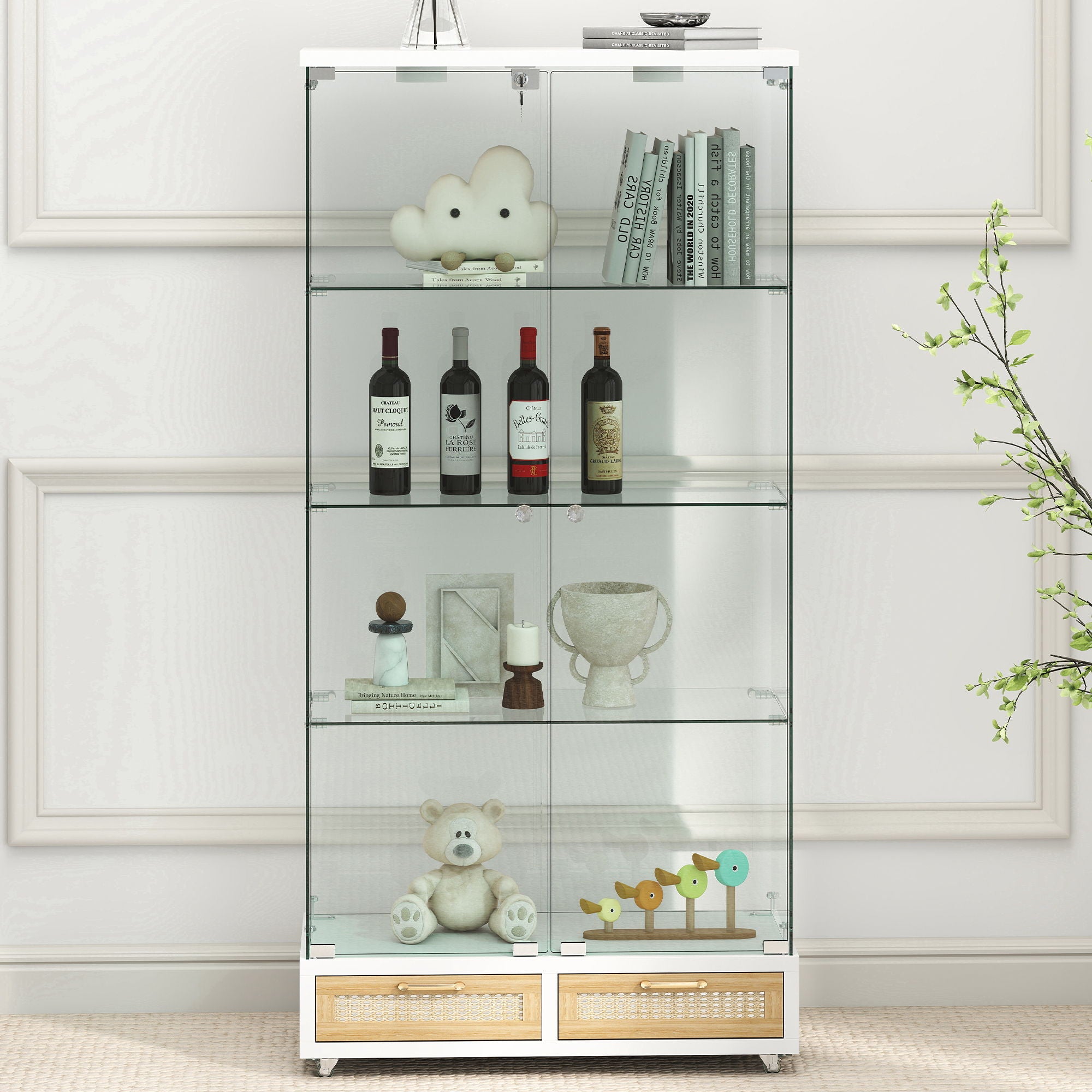 Glass Display Cabinet With LED Lights, Tempered Glass Doors, Large Drawers, 2 Door Storage Case With 4 Shelves - Natural / White
