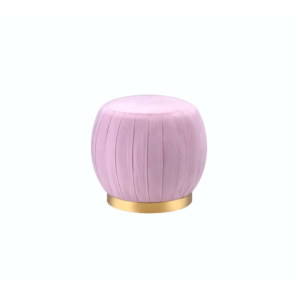 ACME Assembled, Backless Round Ottoman (NO Storage) • Fully Padded Seat: Velvet • Armless • Wooden Inner Frame • Metal Round Base. | Meri Furniture