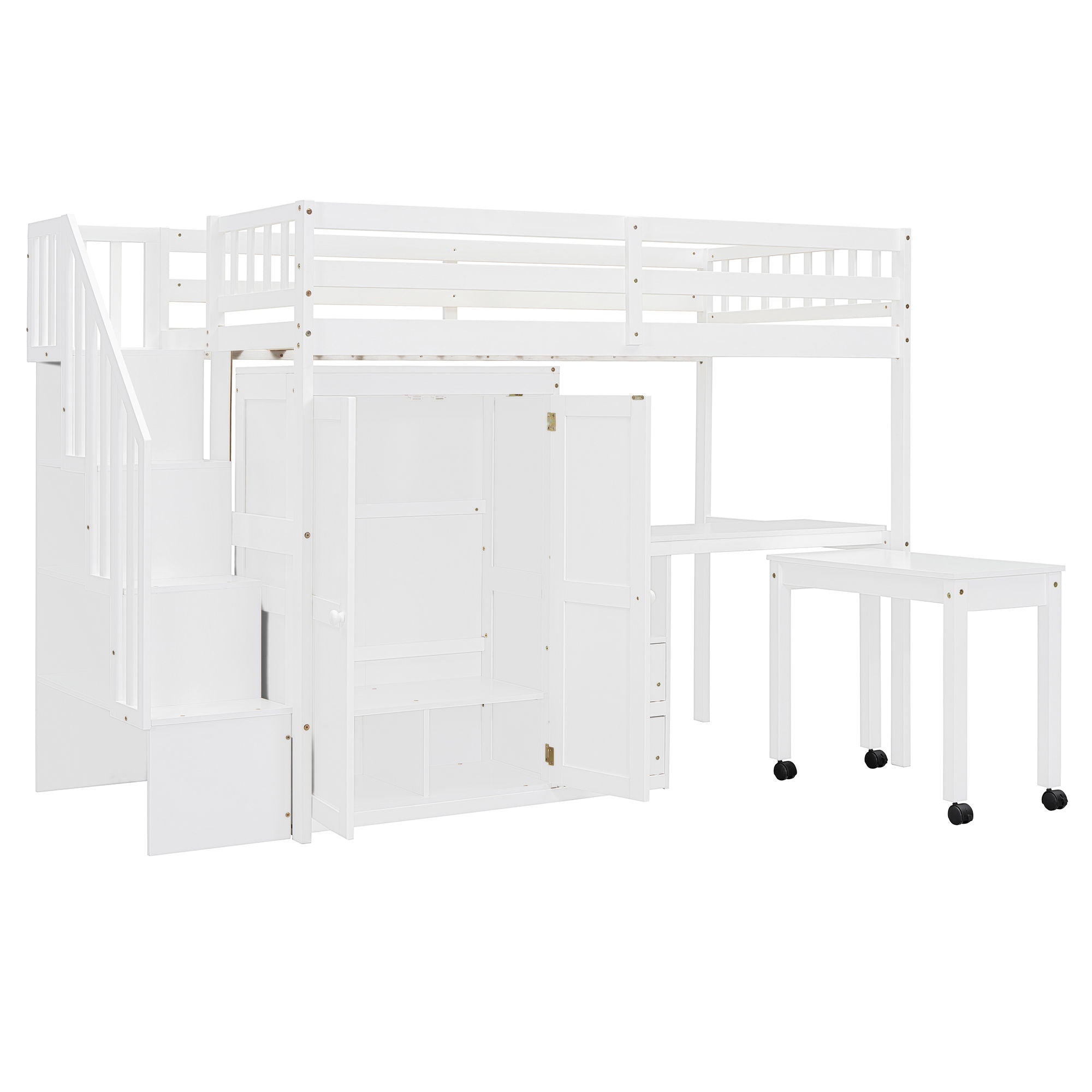 Loft Bed With Stairs, Bookshelf, Drawers, Desk & Wardrobe, Space Saving Multifunctional Furniture