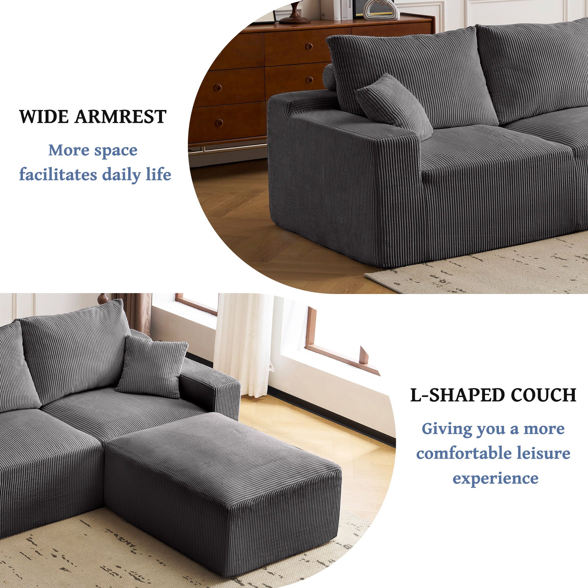 L Shaped Sectional Sofa, Full Compression 3 Seater Cloud Couch With Chaise