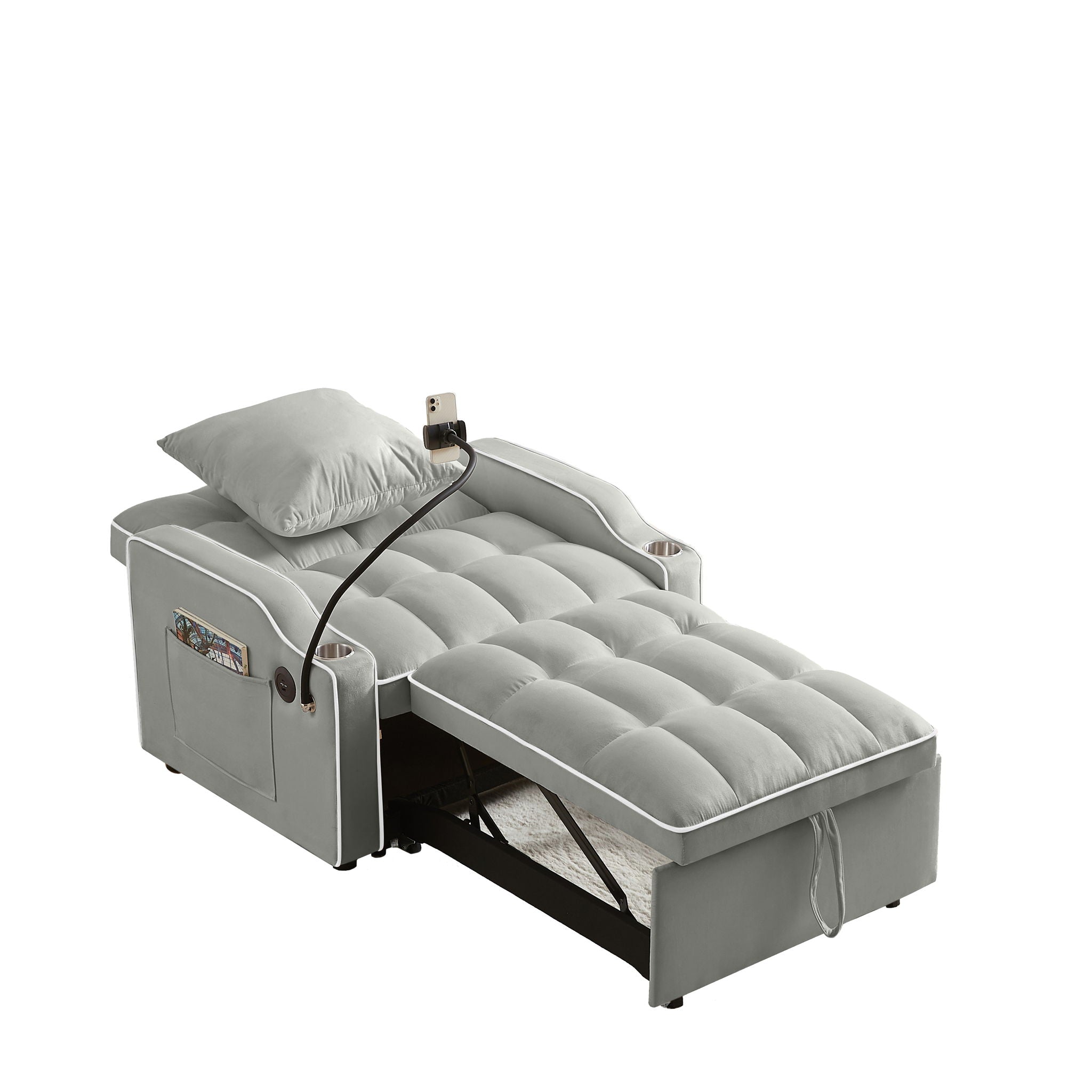 Convertible Velvet 3 In 1 Sofa Bed With Adjustable Sleeper Chair And Multi Pockets