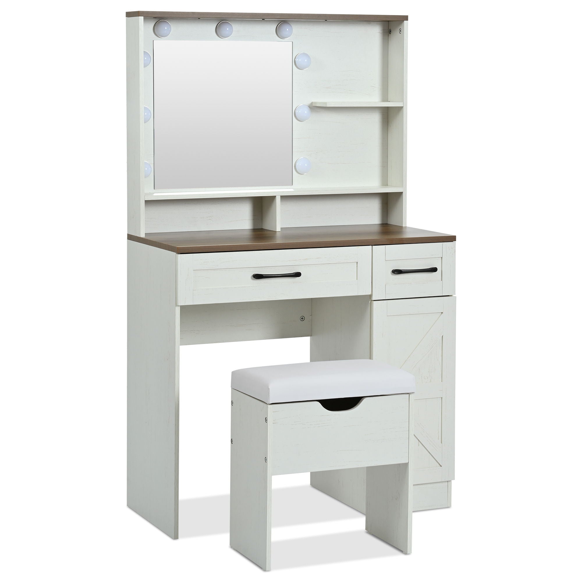 Farmhouse Makeup Vanity Desk With Mirror And Lights, 3 Lighting Modes, Vanity Set With Stool, Dressing Table With Adjustable Shelves, 2 Drawers And Side Cabinet For Bedroom - White
