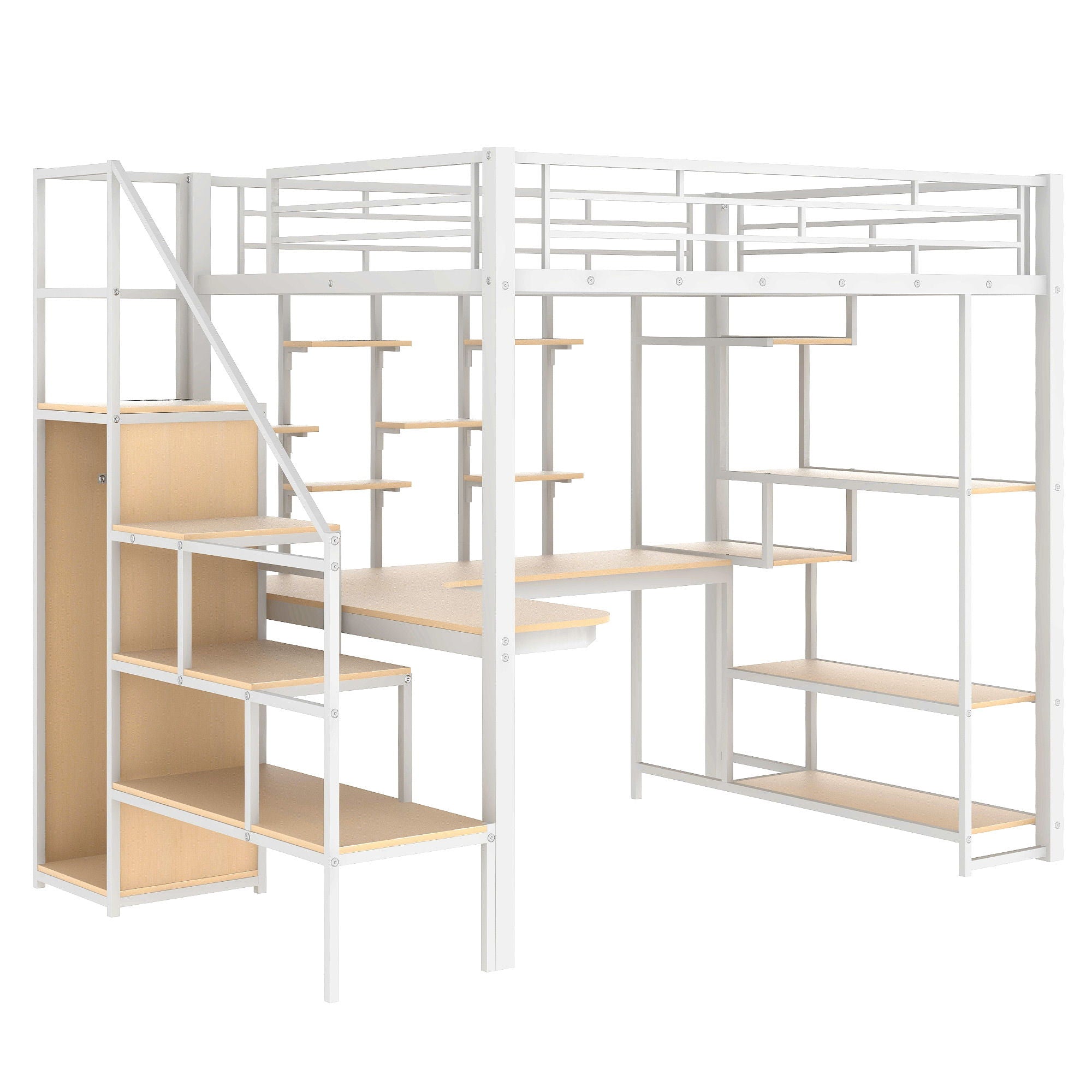 Loft Bed With Storage Staircase And Small Wardrobe, Built - In Desk And Storage Shelves