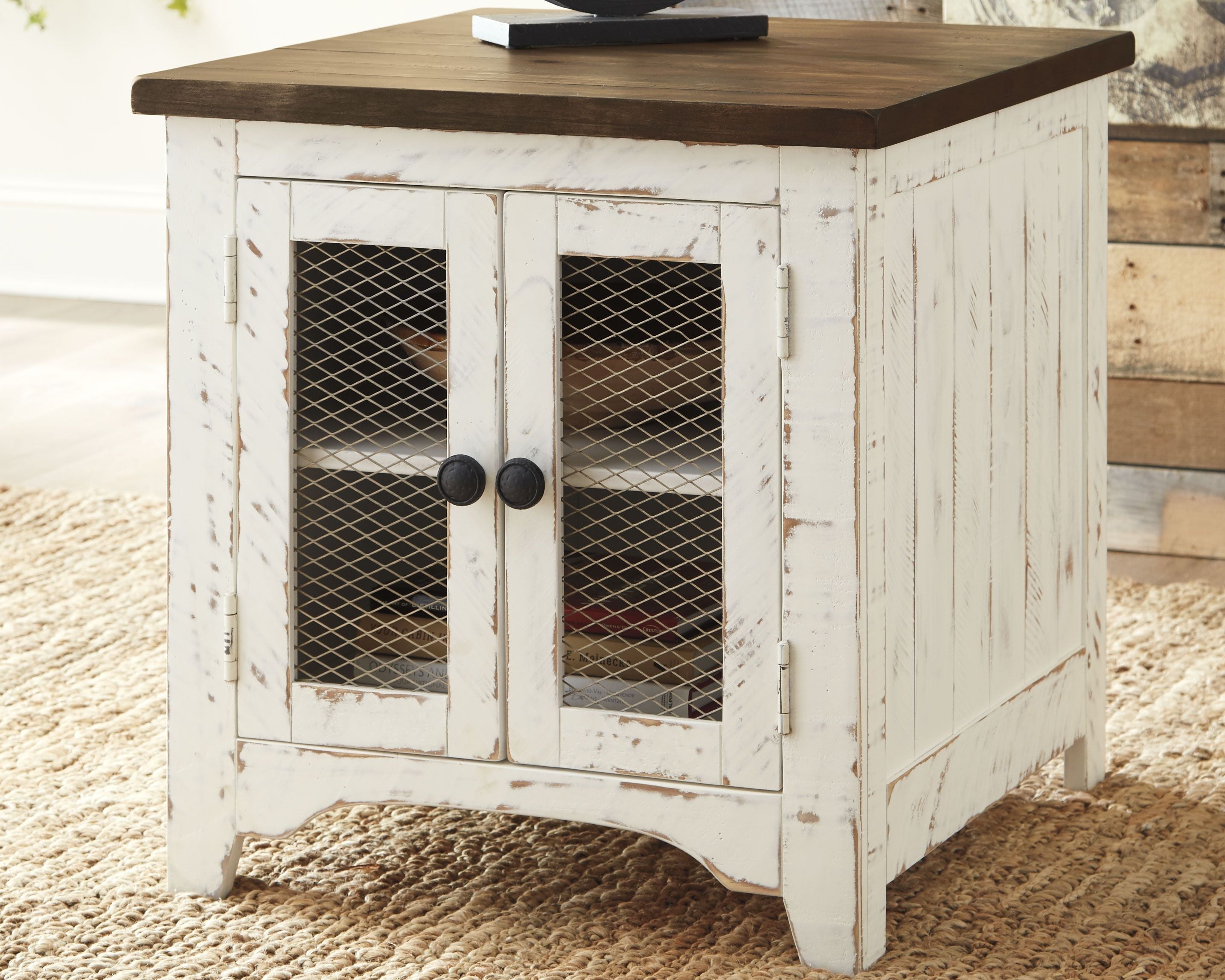 Ashley Furniture Wystfield - White / Brown - Rectangular End Table - 2 Doors | Meri Furniture