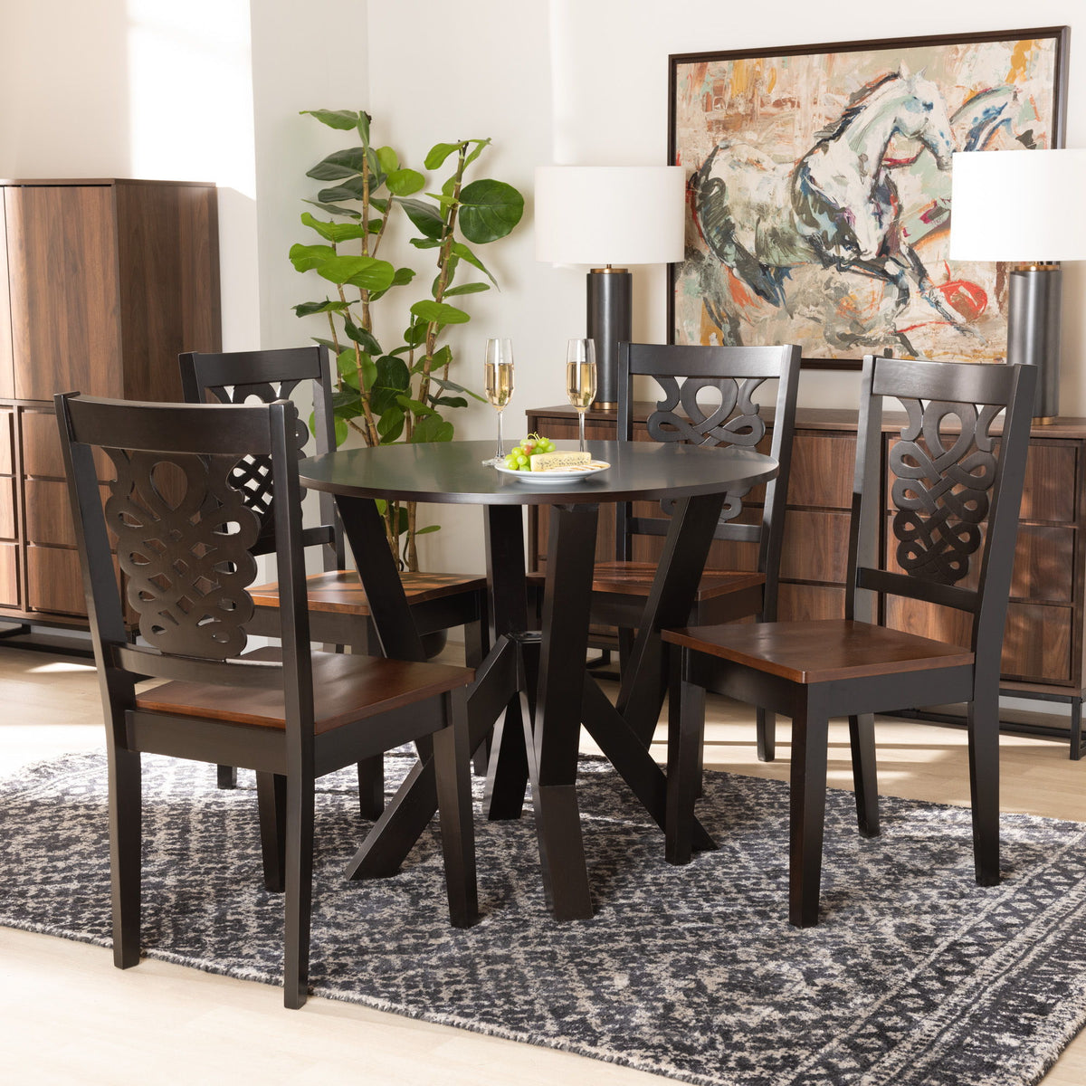 Valda Modern and Contemporary Transitional Two-Tone Dark Brown and Walnut Brown Finished Wood 5-Piece Dining Set