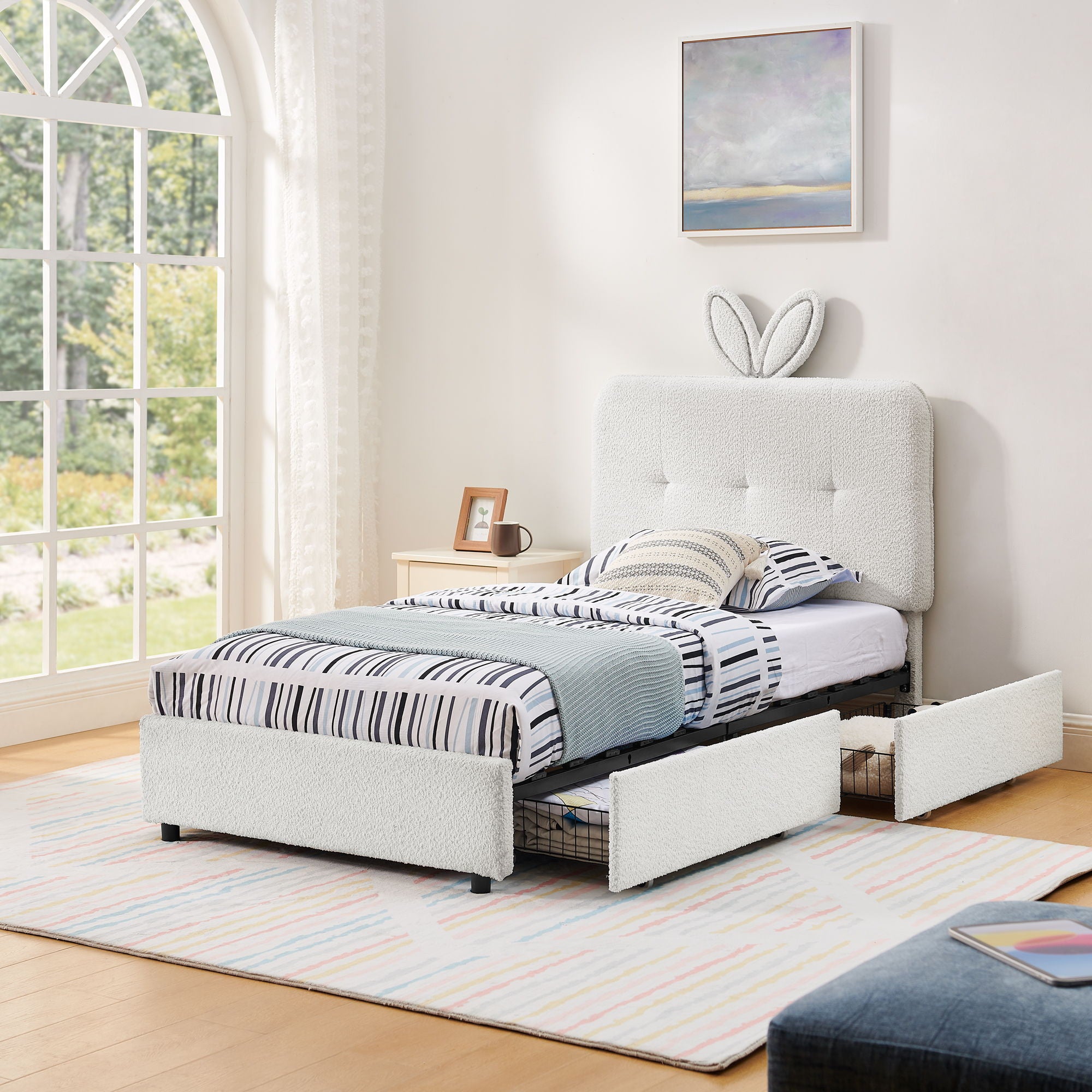 Upholstered Bed With Oversized Rabbit Ear Headboard, LED Lights & 4 Storage Drawers
