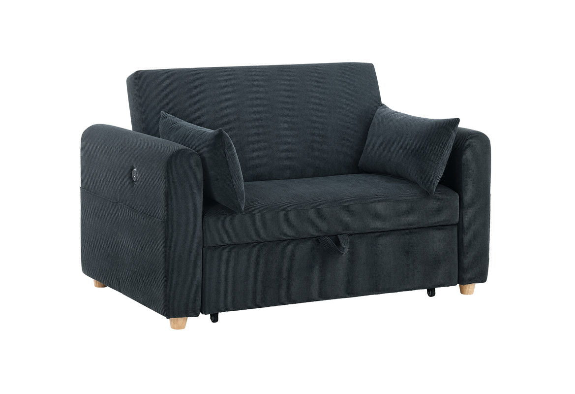 Marielle 55"W Black Corduroy Convertible Sleeper Loveseat with USB Ports, Magazine Pockets, and Pillows