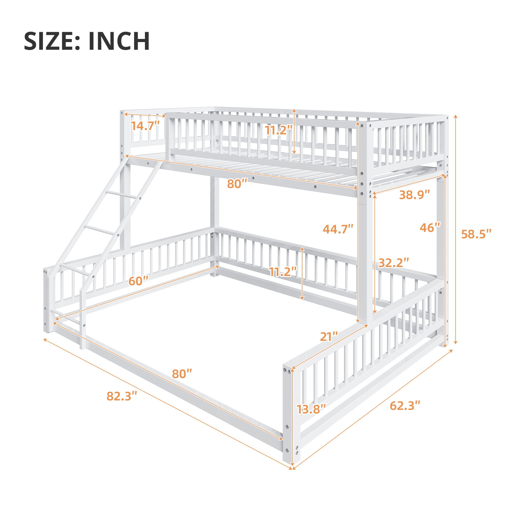 Bunk Bed Frame With Ladder And Safety Guardrails
