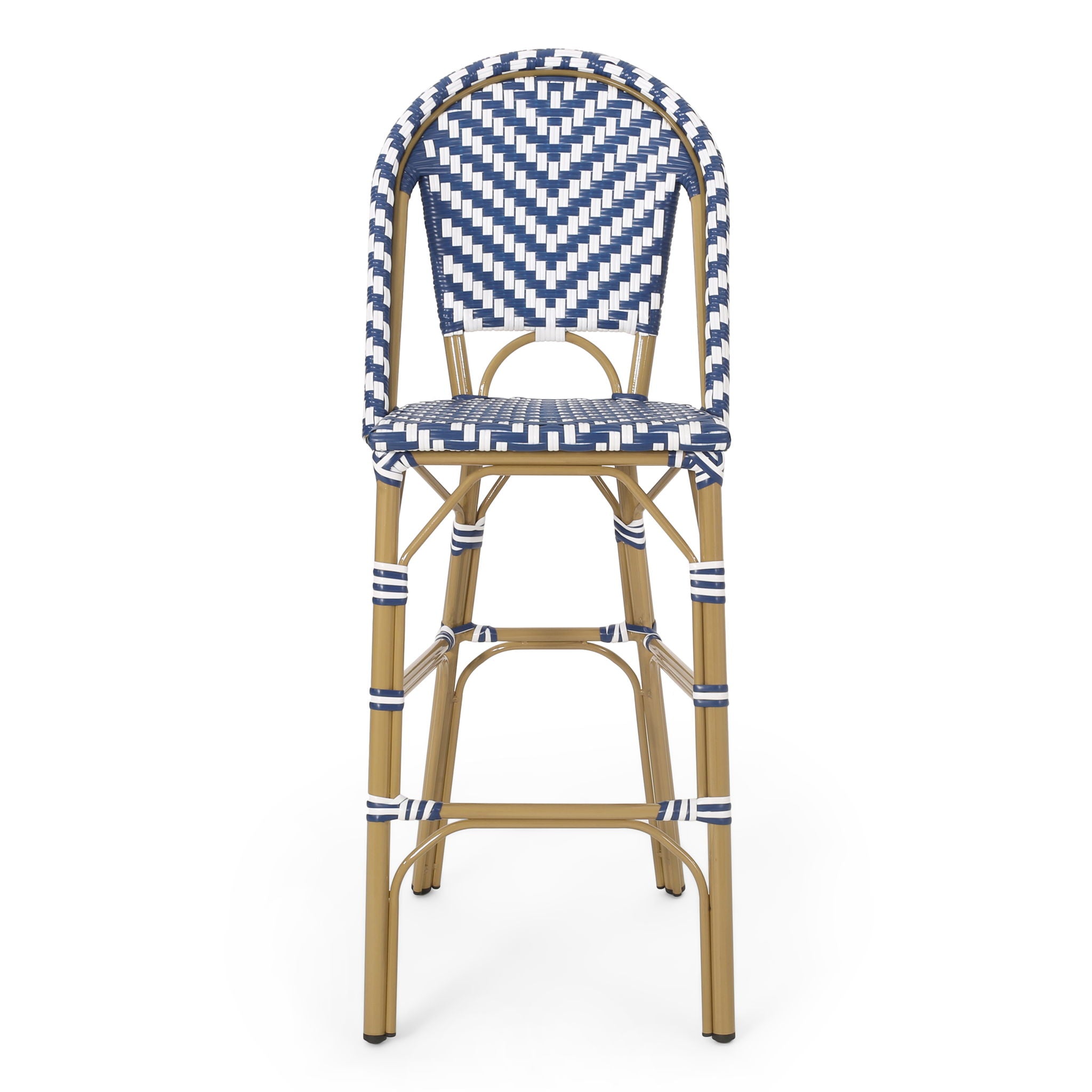 Outdoor Rattan French Barstool Set,, Bamboo, Seat Height - Navy Blue / White