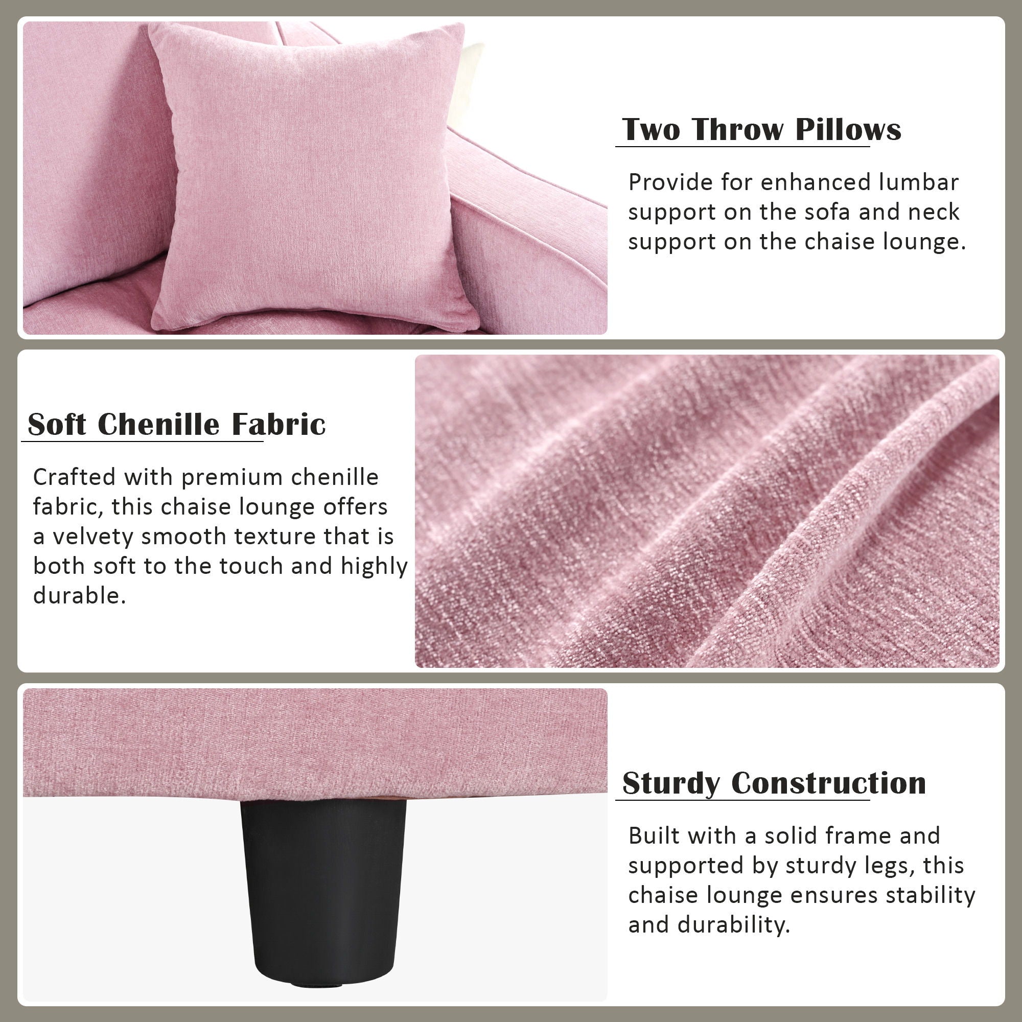 Modern Chaise Lounge Upholstered Sofa Couch With Tufted Seat And Detachable Pillows For Living Room