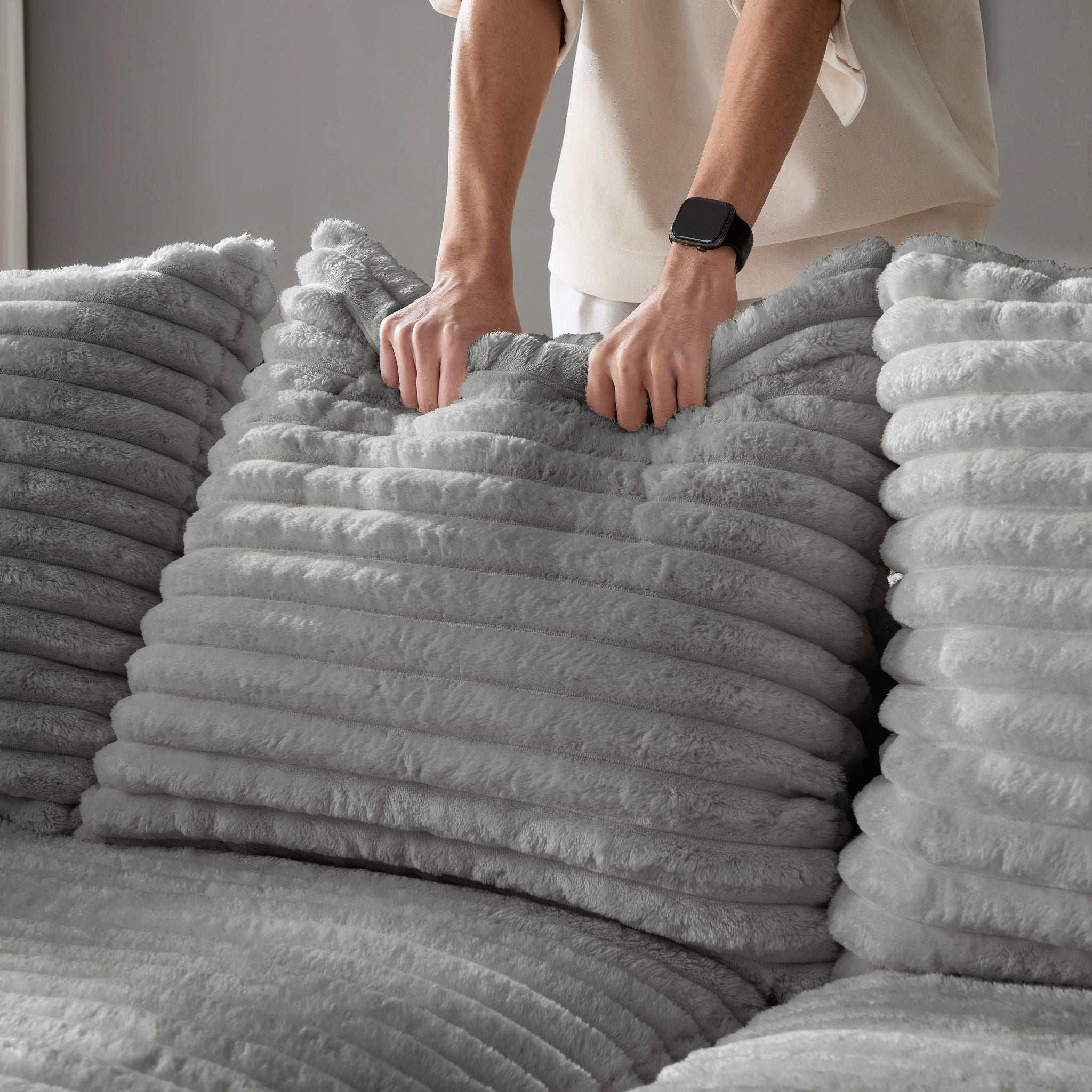 Plush Corduroy 4 Seat Sofa With Soft Pillows And Movable Ottoman