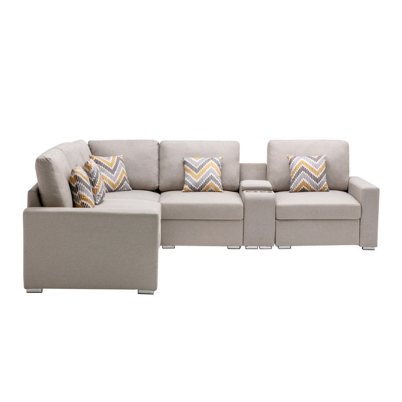Nolan 106"W Beige Linen Fabric 6Pc Reversible Sectional Sofa with a USB, Charging Ports, Cupholders, Storage Console Table and Pillows and Interchangeable Legs