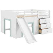 Modern Low Loft Bed With Slide, 3 Storage Drawers, And 2 Doors