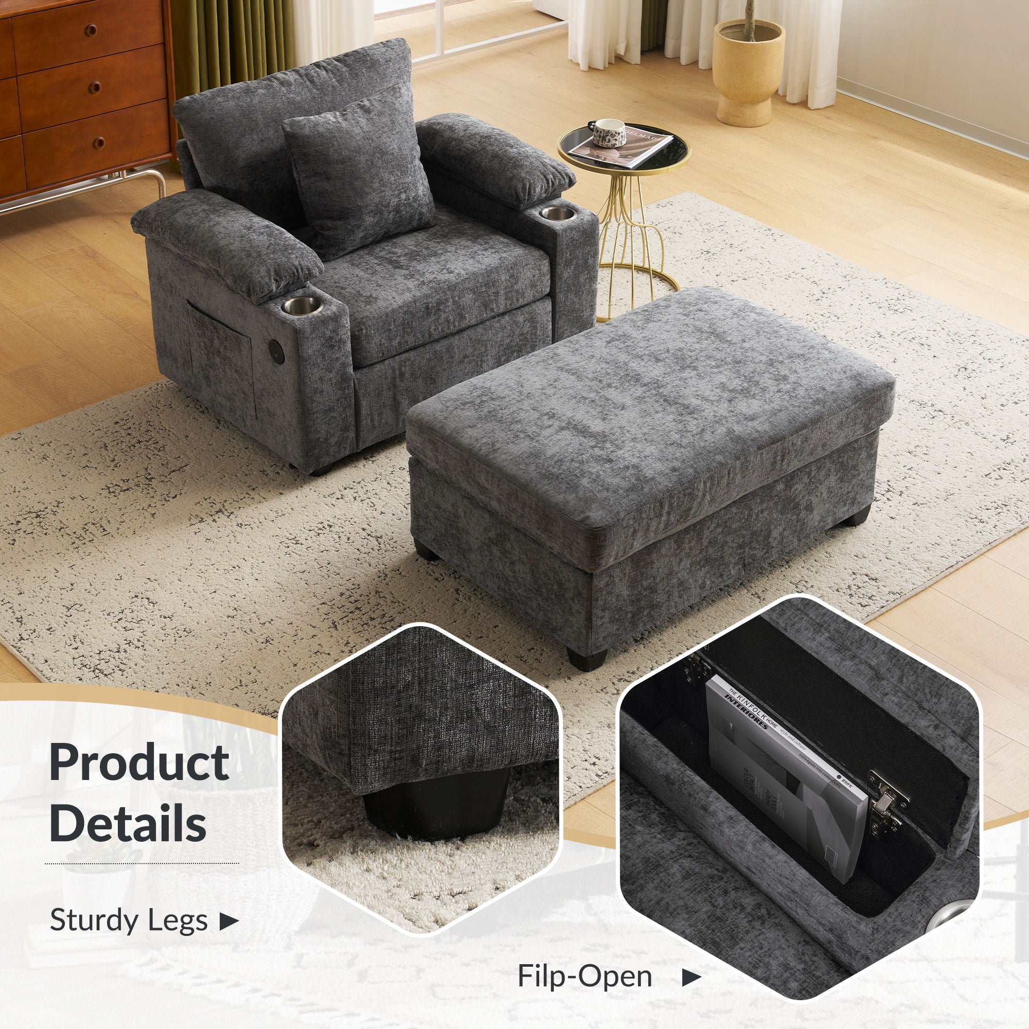 Modern Oversized Chair With Ottoman, Cupholders And USB Charging Ports
