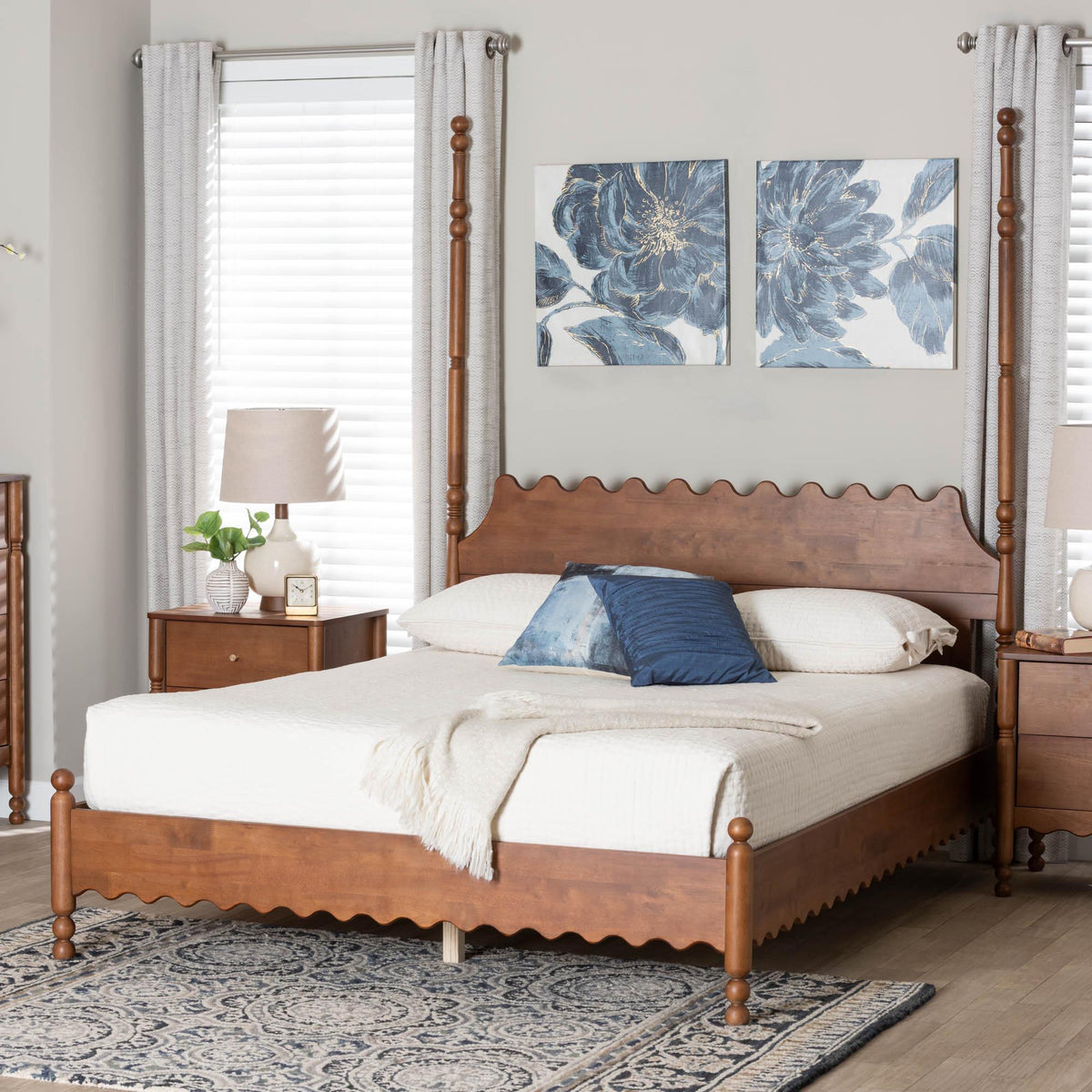 Hoffman Platform Bed - Farmhouse Bed Frame with Scalloped Design and Turned Posts, Walnut Brown, Queen