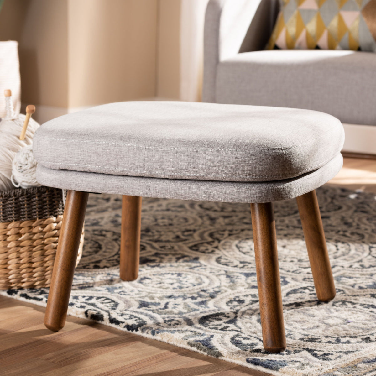 Lovise Mid-Century Modern Greyish Beige Fabric Upholstered Walnut Brown Finished Wood Ottoman