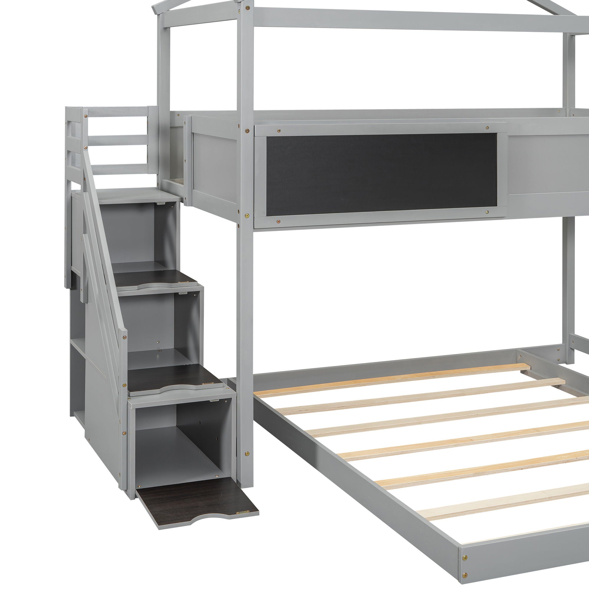 House Style Bunk Bed With Storage Staircase And Blackboard