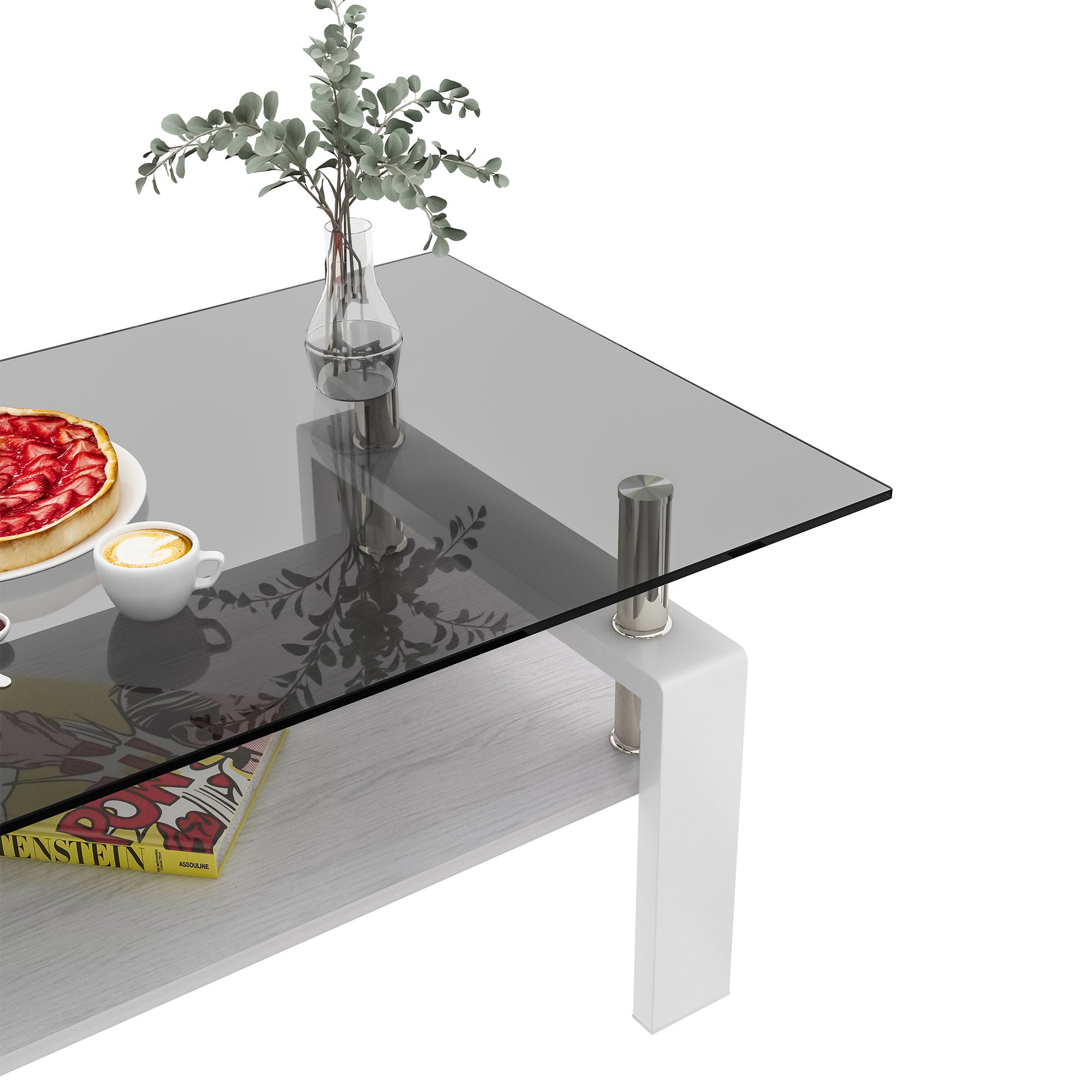 Modern Rectangular Coffee Table With Tempered Transparent Glass Top And Storage Shelf