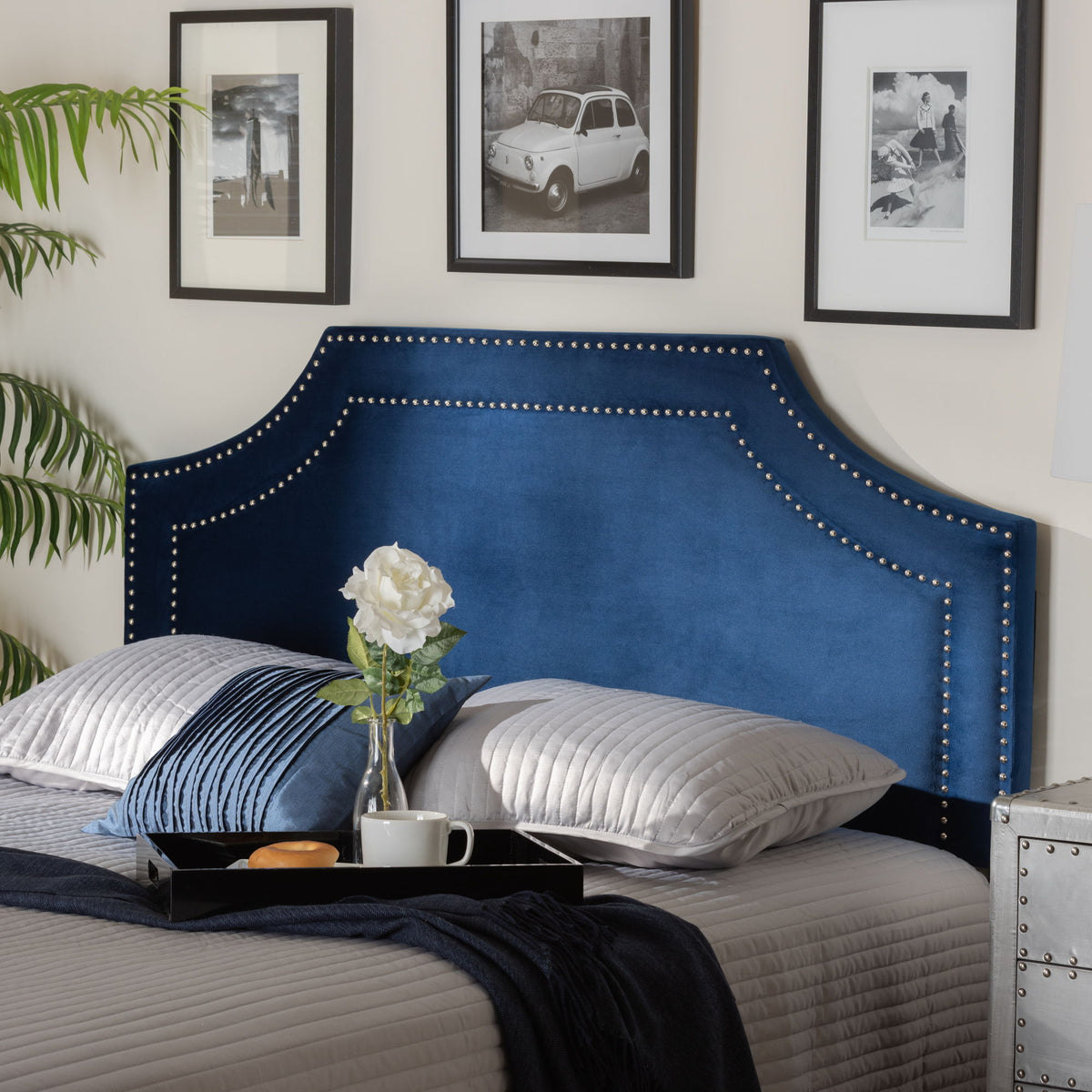 AvigNon Modern and Contemporary Navy Blue Velvet Fabric Upholstered Queen Size Headboard