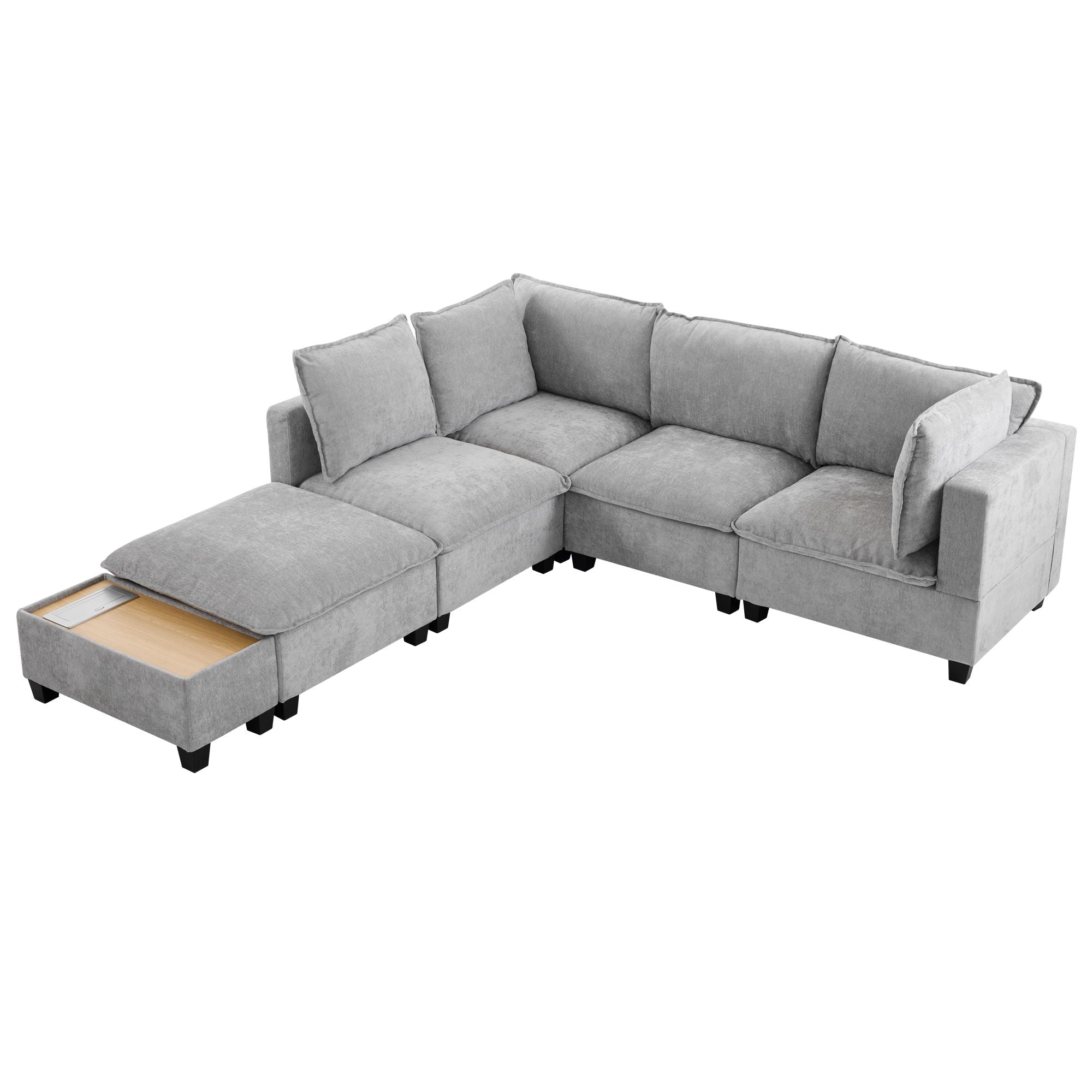 U-Shaped Sectional Modular Sofa With A Movable Ottoman, A Coffee Table With Hidden Charging Devices For Living Room