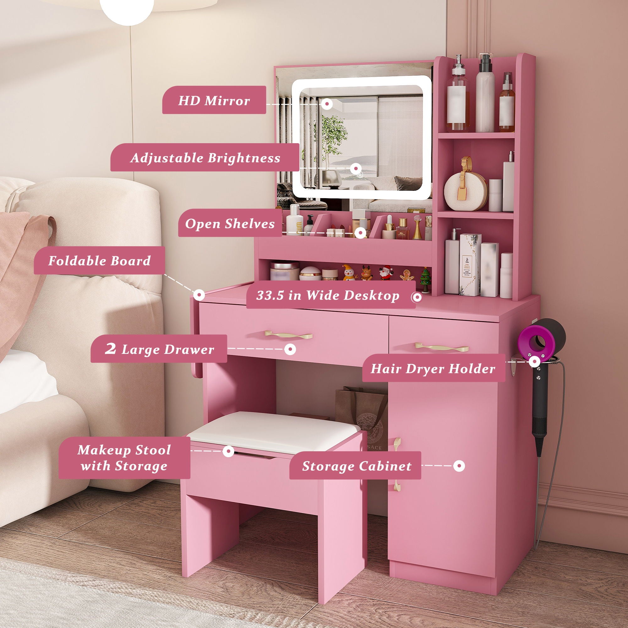 Vanity Desk With LED Mirror Lights And Power Outlet Charging Station, 3 Drawers, 7 Shelves, Storage Stool - Pink