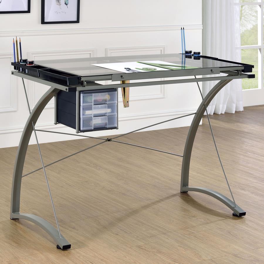 Coaster Fine Furniture Melo - Glass Top Drafting Table With Storage - Silver | Meri Furniture